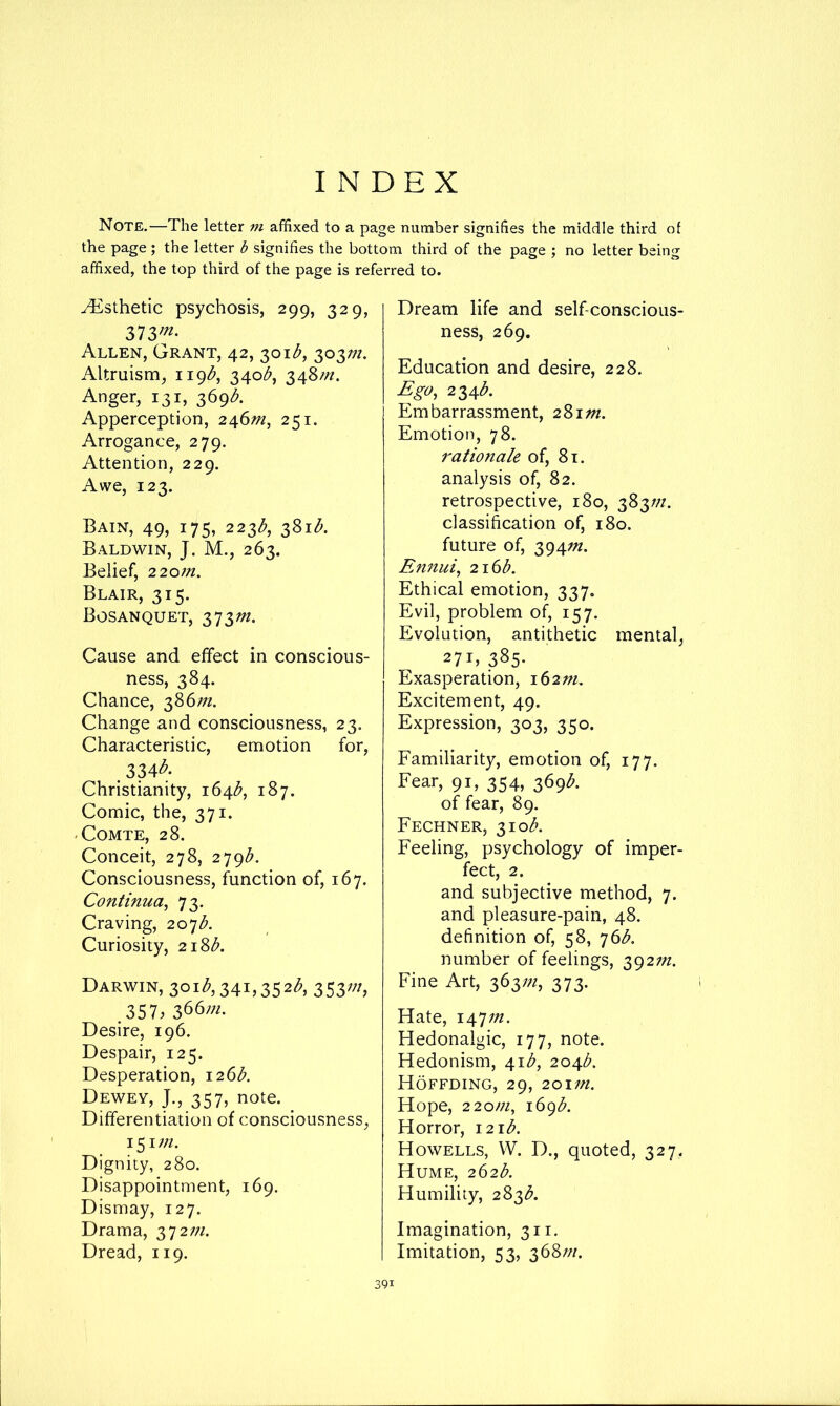 INDEX Note.—The letter m affixed to a page number signifies the middle third of the page ; the letter b signifies the bottom third of the page ; no letter being affixed, the top third of the page is referred to. yEsthetic psychosis, 299, 329, 373f- Allen, Grant, 42, 301^, 303;//. Altruism, ii9<^, 340^^, 348//?. Anger, 131, 369A Apperception, 246^, 251. Arrogance, 279. Attention, 229. Awe, 123. Bain, 49, 175, 223/^, 381A Baldwin, J. M., 263. Belief, 2 2o?n. Blair, 315. Bosanquet, 373^^. Cause and effect in conscious- ness, 384. Chance, 386;;l Change and consciousness, 23. Characteristic, emotion for, . 334^- Christianity, i64<^, 187. Comic, the, 371. • Comte, 28. Conceit, 278, 2^()b. Consciousness, function of, 167. Continua^ 73. Craving, 207A Curiosity, 218A Darwin, 301^,341,352^^, 353;;/, 357, 366//L Desire, 196. Despair, 125. Desperation, 126^. Dewey, J., 357, note. ^ Differentiation of consciousness, 151;;/. Dignity, 280. Disappointment, 169. Dismay, 127. Drama, 372;;/. Dread, 119. Dream life and selfconscious- ness, 269. Education and desire, 228. Ego, 234A Embarrassment, 281W. Emotion, 78. rationale of, 81. analysis of, 82. retrospective, 180, 383;;/. classification of, 180. future of, 394W. Ennui, 216b. Ethical emotion, 337. Evil, problem of, 157. Evolution, antithetic mental, 271, 385- Exasperation, 162m, Excitement, 49. Expression, 303, 350. Familiarity, emotion of, 177. Fear, 91, 354, 369A of fear, 89. Fechner, 310A Feeling, psychology of imper- fect, 2. and subjective method, 7. and pleasure-pain, 48. definition of, 58, 76A number of feelings, 392W. Fine Art, 363;;^, 373. Hate, i^pn. Hedonalgic, 177, note. Hedonism, 41^, 204A Hoffding, 29, 2o\m. Hope, 220m, 169A Horror, 121A Howells, W. D., quoted, 327. Hume, 262b. Humility, 283A Imagination, 311. Imitation, 53, 368;//.