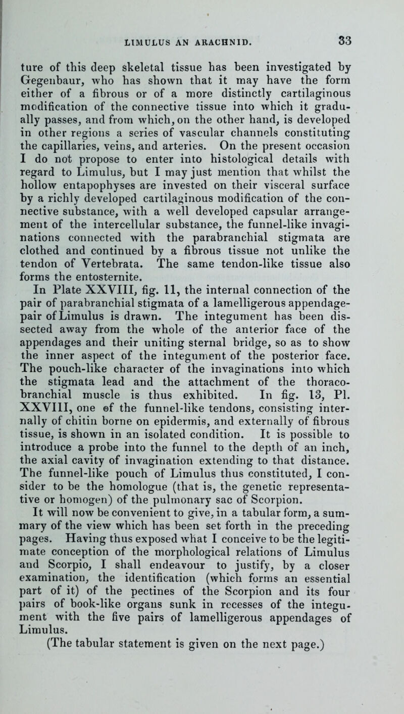 ture of this deep skeletal tissue has been investigated by Gegenbaur, who has shown that it may have the form either of a fibrous or of a more distinctly cartilaginous modification of the connective tissue into which it gradu- ally passes, and from which, on the other hand, is developed in other regions a series of vascular channels constituting the capillaries, veins, and arteries. On the present occasion I do not propose to enter into histological details with regard to Limulus, but I may just mention that whilst the hollow entapophyses are invested on their visceral surface by a richly developed cartilaginous modification of the con- nective substance, with a well developed capsular arrange- ment of the intercellular substance, the funnel-like invagi- nations connected with the parabranchial stigmata are clothed and continued by a fibrous tissue not unlike the tendon of Vertebrata. The same tendon-like tissue also forms the entosternite. In Plate XXVIII, fig. 11, the internal connection of the pair of parabranchial stigmata of a lamelligerous appendage- pair of Limulus is drawn. The integument has been dis- sected away from the whole of the anterior face of the appendages and their uniting sternal bridge, so as to show the inner aspect of the integument of the posterior face. The pouch-like character of the invaginations into which the stigmata lead and the attachment of the thoraco- branchial muscle is thus exhibited. In fig. 13, PI. XXVIll, one ©f the funnel-like tendons, consisting inter- nally of chitin borne on epidermis, and externally of fibrous tissue, is shown in an isolated condition. It is possible to introduce a probe into the funnel to the depth of an inch, the axial cavity of invagination extending to that distance. The funnel-like pouch of Limulus thus constituted, I con- sider to be the homologue (that is, the genetic representa- tive or homogen) of the pulmonary sac of Scorpion. It will now be convenient to give, in a tabular form, a sum- mary of the view which has been set forth in the preceding pages. Having thus exposed what I conceive to be the legiti- mate conception of the morphological relations of Limulus and Scorpio, I shall endeavour to justify, by a closer examination, the identification (which forms an essential part of it) of the pectines of the Scorpion and its four pairs of book-like organs sunk in recesses of the integu- ment with the five pairs of lamelligerous appendages of Limulus. (The tabular statement is given on the next page.)