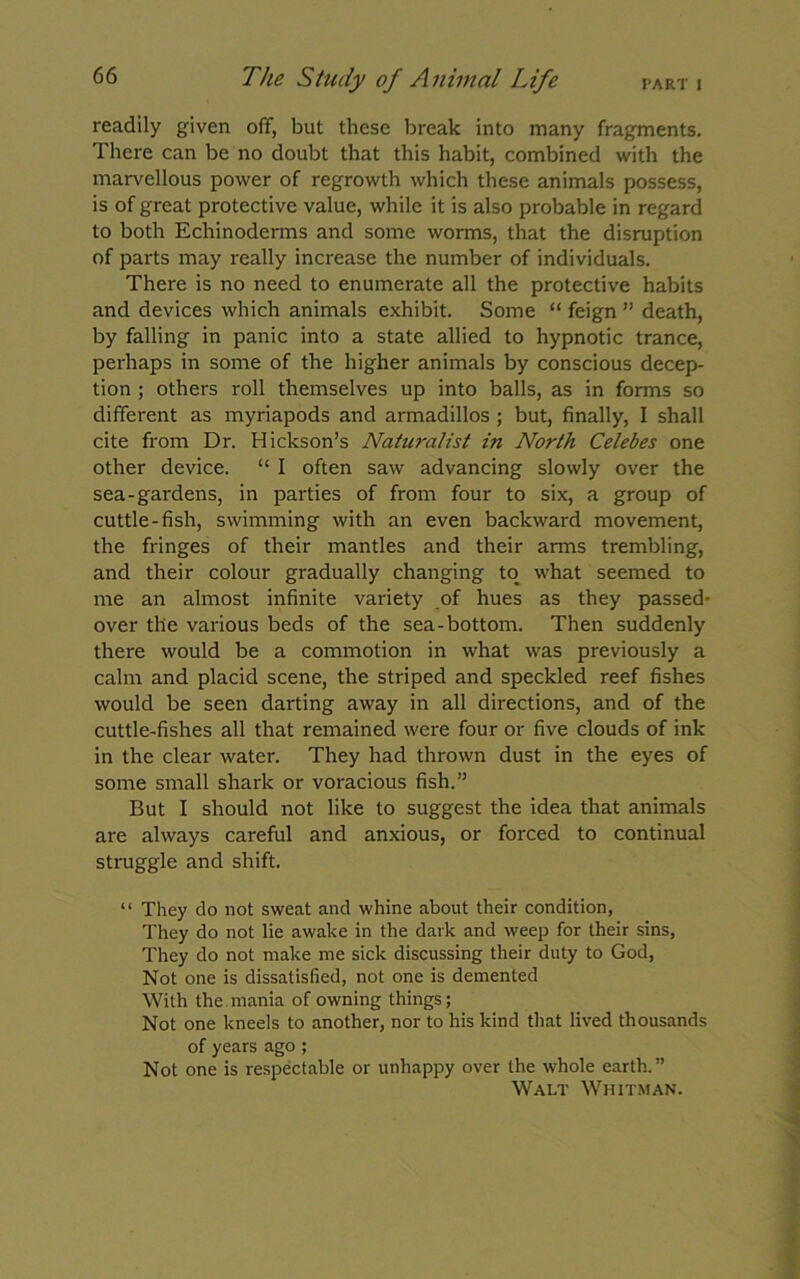 PART I The Study of Animal Life readily given off, but these break into many fragments. There can be no doubt that this habit, combined with the marvellous power of regrowth which these animals possess, is of great protective value, while it is also probable in regard to both Echinoderms and some worms, that the disruption of parts may really increase the number of individuals. There is no need to enumerate all the protective habits and devices which animals exhibit. Some “ feign ” death, by falling in panic into a state allied to hypnotic trance, perhaps in some of the higher animals by conscious decep- tion ; others roll themselves up into balls, as in forms so different as myriapods and armadillos ; but, finally, I shall cite from Dr. Hickson’s Naturalist in North Celebes one other device. “ I often saw advancing slowly over the sea-gardens, in parties of from four to six, a group of cuttle-fish, swimming with an even backward movement, the fringes of their mantles and their arms trembling, and their colour gradually changing to what seemed to me an almost infinite variety of hues as they passed- over the various beds of the sea-bottom. Then suddenly there would be a commotion in what was previously a calm and placid scene, the striped and speckled reef fishes would be seen darting away in all directions, and of the cuttle-fishes all that remained were four or five clouds of ink in the clear water. They had thrown dust in the eyes of some small shark or voracious fish.” But I should not like to suggest the idea that animals are always careful and anxious, or forced to continual struggle and shift. “ They do not sweat and whine about their condition, They do not lie awake in the dark and weep for their sins, They do not make me sick discussing their duty to God, Not one is dissatisfied, not one is demented With the mania of owning things; Not one kneels to another, nor to his kind that lived thousands of years ago ; Not one is respectable or unhappy over the w'hole earth.” Walt Whitman.