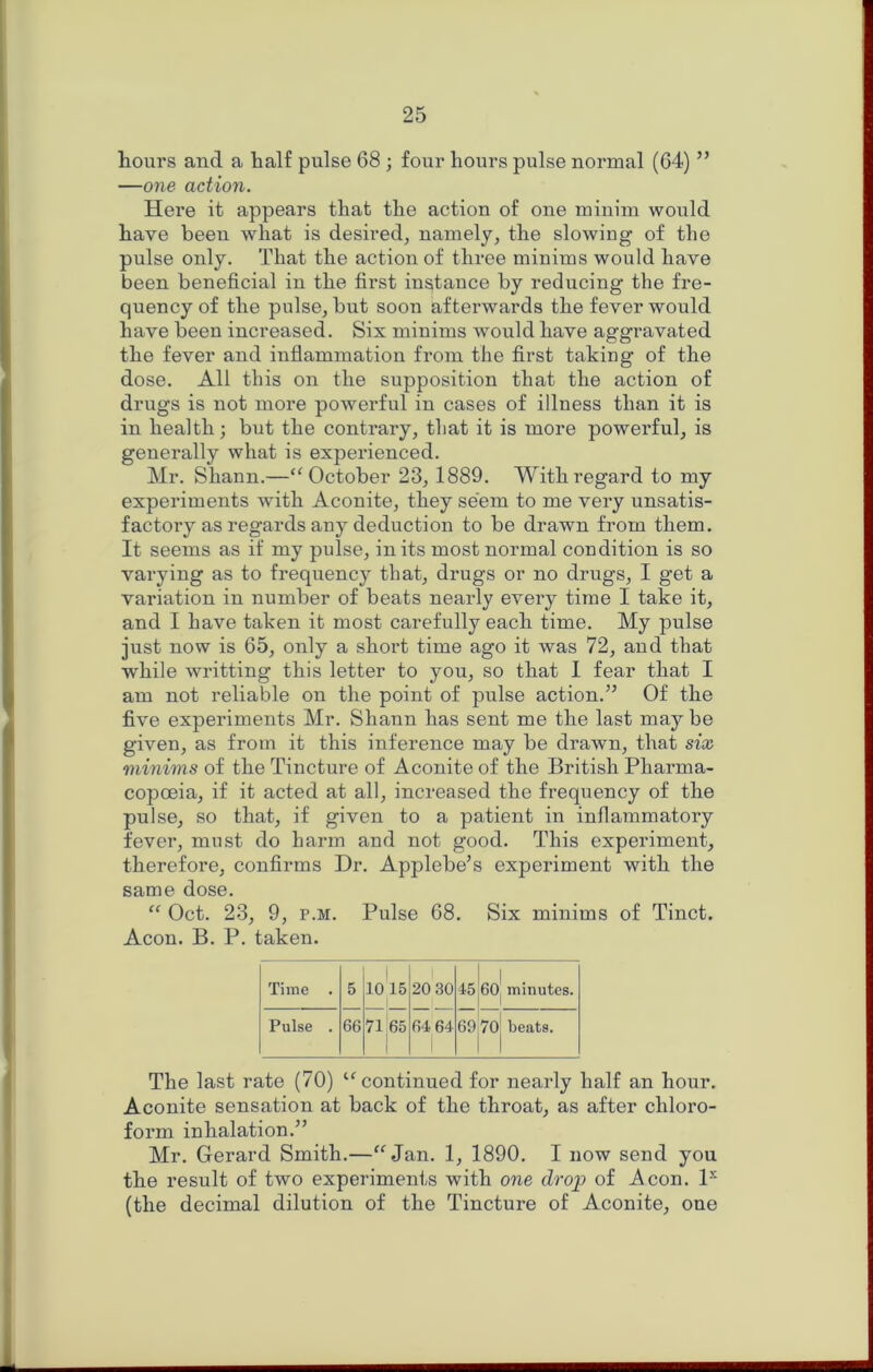 hours and a half pulse 68 ; four hours pulse normal (64) ” —one action. Here it appears that the action of one minim would have been what is desired, namely, the slowing of the pulse only. That the action of three minims would have been beneficial in the first instance by reducing the fre- quency of the pulse, but soon afterwards the fever would have been increased. Six minims would have aggravated the fever and inflammation from the first taking of the dose. All this on the supposition that the action of drugs is not more powerful in cases of illness than it is in health; but the contrary, that it is more powerful, is generally what is experienced. Mr. Shann.—“October 23, 1889. With regard to my experiments with Aconite, they seem to me very unsatis- factory as regards any deduction to be drawn from them. It seems as if my pulse, in its most normal condition is so varying as to frequency that, drugs or no drugs, I get a variation in number of beats nearly every time I take it, and I have taken it most carefully each time. My pulse just now is 65, only a short time ago it was 72, and that while writting this letter to you, so that 1 fear that I am not reliable on the point of pulse action.’’ Of the five experiments Mr. Shann has sent me the last may be given, as from it this inference may be drawn, that six minims of the Tincture of Aconite of the British Pharma- copoeia, if it acted at all, increased the frequency of the pulse, so that, if given to a patient in inflammatory fever, must do harm and not good. This experiment, therefoi’e, confirms Dr. Applebe’s experiment with the same dose. “ Oct. 23, 9, P.M. Pulse 68. Six minims of Tinct. Aeon. B. P. taken. Time . 5 1015 20 30 45 60^ minutes. Pulse . 66 71 65 64 64 69 7oj beats. The last rate (70) “continued for nearly half an hour. Aconite sensation at back of the throat, as after chloro- form inhalation.” Mr. Gerard Smith.—“Jan. 1, 1890. I now send you the result of two experiments with one drop of Aeon. 1-'* (the decimal dilution of the Tincture of Aconite, one