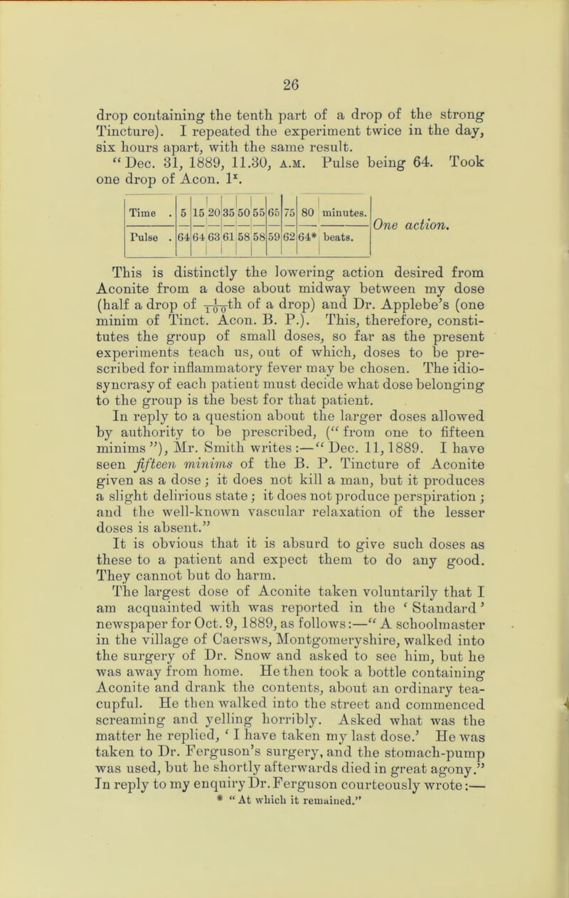 drop containing the tenth part of a drop of the strong Tincture). I repeated the experiment twice in the day, six hours apart, with the same result. “Dec. 31, 1889, 11.30, a.m. Pulse being 64. Took one drop of Aeon. D. Time . 5 1 1 15 2035 1 50 55 65 75 1 80 minutes. Pulse . 64 64 63 61 i 1 5858 1 59 62 64* beats. i One action. This is distinctly the lowering action desired from Aconite from a dose about midway between my dose (half a drop of y^th of a drop) and Dr. Applebe’s (one minim of Tinct. Aeon. B. P.). This, therefore, consti- tutes the group of small doses, so far as the present experiments teach us, out of which, doses to be pre- scribed for inflammatory fever may be chosen. The idio- syncrasy of each patient must decide what dose belonging to the group is the best for that patient. In reply to a question about the larger doses allowed by authority to be prescribed, (“ from one to fifteen minims ”), Mr. Smith writes :—“ Dec. 11,1889. I have seen fifteen minims of the B. P. Tincture of Aconite given as a dose; it does not kill a man, but it produces a slight delirious state; it does not produce perspiration ; and the well-known vascular relaxation of the lesser doses is absent.” It is obvious that it is absurd to give such doses as these to a patient and expect them to do any good. They cannot but do harm. The largest dose of Aconite taken voluntarily that I am acquainted with was reported in the ‘Standard’ newspaper for Oct. 9, 1889, as follows:—“ A schoolmaster in the village of Caersws, Montgomeryshire, walked into the surgery of Dr. Snow and asked to see him, but he was away from home. He then took a bottle containing Aconite and drank the contents, about an ordinary tea- cupful. He then walked into the street and commenced screaming and yelling horribly. Asked what was the matter he replied, ‘ I have taken my last dose.’ He was taken to Dr. Ferguson’s surgery, and the stomach-pump was used, but he shortly afterwards died in great agony.” In reply to my enquiry Dr. Ferguson courteously wrote:— * “ At which it remained.”