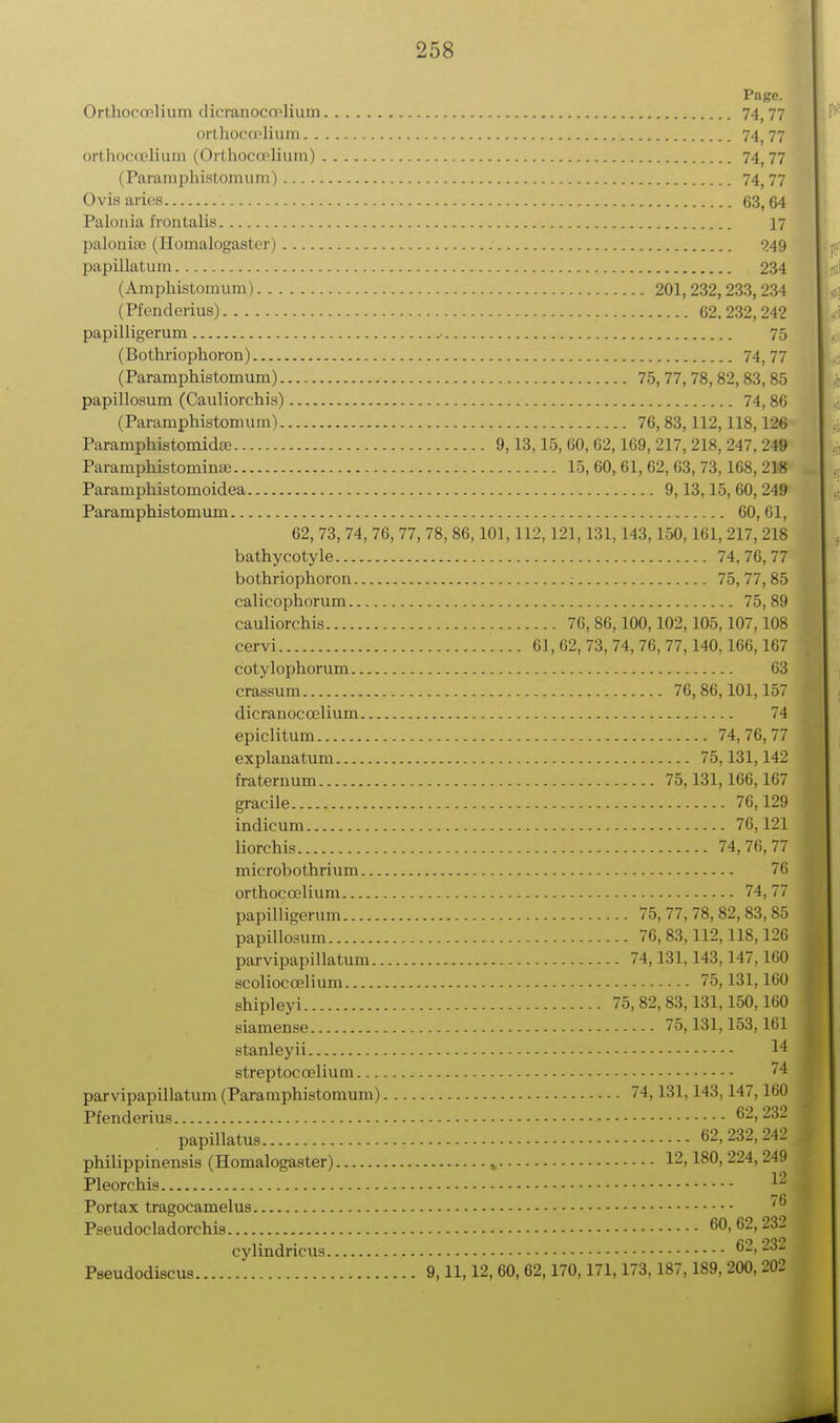 Page. Orthocoelium dicranocoolium 74,77 orthocoelium 74, 77 orthocoelium (Orthocoelium) 74,77 (Paramphistomum) 74,77 Ovisaries 63,64 Palonia frontalis 17 palonise (Homalogaster) 249 papillatum 234 (Amphistoraum) 201,232, 233, 234 (Pfenderius) 62. 232, 242 papilligerum ■ 75 (Bothriophoron) 74,77 (Paramphistomum) 75, 77, 78, 82, 83, 85 papillosum (Cauliorchis) 74, 86 (Paramphistomum) 76, 83,112,118,126 Paramphistomidae 9,13,15, 60, 62,169, 217, 218, 247. 249 Parainphistominse 15, 60, 61, 62, 63, 73,168, 218 Paramphistomoidea 9,13,15, 60, 249 Paramphistomum 60,61, 62, 73, 74, 76, 77, 78, 86,101,112,121,131,143,150,161, 217, 218 bathycotyle 74,76,77 bothriophoron : 75,77,85 calicophorum 75,89 cauliorchis 76, 86,100,102,105,107,108 cervi 61, 62, 73, 74, 76, 77,140,166,167 cotylophorum 63 crassum 76,86,101,157 dicranoccelium 74 epiclitum 74,76,77 explanatum 75,131,142 fraternum 75,131,166,167 gracile 76,129 indicum 76,121 liorchis 74,76,77 microbothrium 76 orthocoelium 74, 77 papilligerum 75, 77, 78, 82, 83, 85 papillosum 76,83,112,118,126 parvipapillatum 74,131,143,147,160 scoliocoelium 75,131,160 shipleyi 75,82,83,131,150,160 siamense 75,131,153,161 Btanleyii 14 streptocoelium 74 parvipapillatum (Paramphistomum) 74,131,143,147,160 Pfenderius 62,232 papillatus 62,232,242 philippinensis (Homalogaster) , 12> 180, 224, 249 Pleorchis Portax tragocamelus * Pseudocladorchia 60,62,23- cylindricus 62,232 Pseudodiscus 9,11,12, 60, 62,170,171,173, 187,189, 200, 202