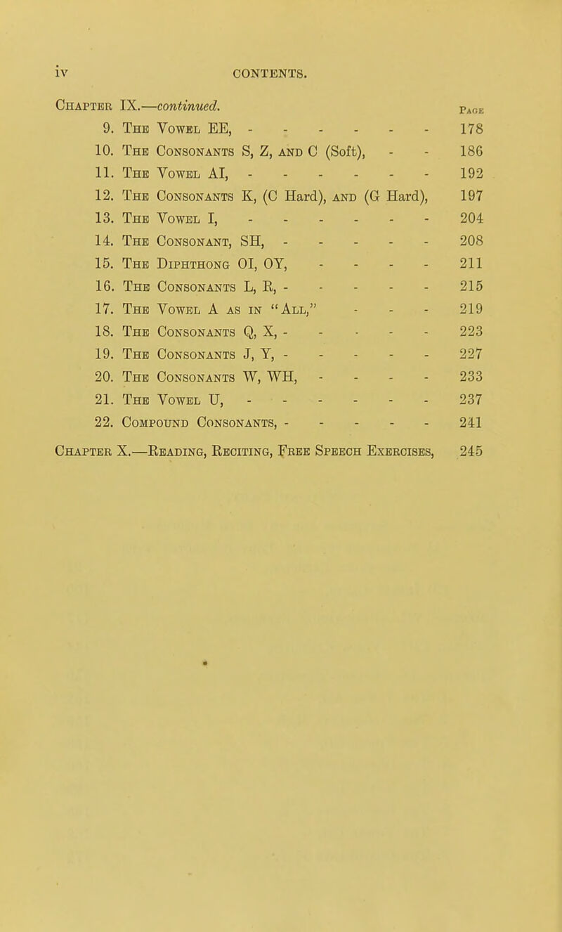 Chapter IX.—continued. p^^ce 9. The Vowel EE, 178 10. The Consonants S, Z, and C (Soft), - - 186 11. The Vowel AI, 192 12. The Consonants K, (C Hard), and (G Hard), 197 13. The Vowel I, 204 14. The Consonant, SH, 208 15. The Diphthong 01, OY, - - - - 211 16. The Consonants L, R, 215 17. The Vowel A as in All, - - - 219 18. The Consonants Q, X, 223 19. The Consonants J, Y, 227 20. The Consonants W, WH, - - - - 233 21. The Vowel U, 237 22. Compound Consonants, 241 Chapter X.—Reading, Reciting, Free Speech Exercises, 245