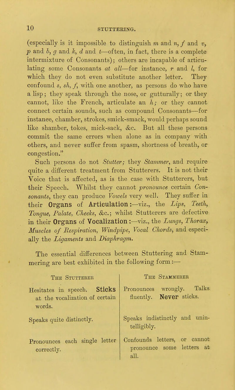 (especially is it impossible to distinguish m and n, / and Vy p and b, g and d and t—often, in fact, there is a complete intermixture of Consonants); others ai'e incapable of articu- lating some Consonants at all—for instance, r and Z, for which they do not even substitute another letter. They confound s, sh, /, with one another, as persons do who have a lisp; they speak through the nose, or gutturally; or they cannot, like the French, articulate an h; or they cannot connect certain sounds, such as compound Consonants—for instance, chamber, strokes, smick-smack, would perhaps sound like shamber, tokes, mick-sack, &c. But all these persons commit the same errors when alone as in company with others, and never suffer from spasm, shortness of breath, or congestion. Such persons do not Stutter; they Stammer, and require quite a different treatment from Stutterers. It is not their Voice that is affected, as is the case with Stutterers, but their Speech. Whilst they cannot pronounce certain Con- sonants, they can produce Voioels very well. They suffer in their Organs of Articulation:—viz., the Lips, Teeth, Tongue, Palate, Cheeks, &c.; whilst Stutterers are defective in their Organs of Vocalization :—viz., the Lungs, Thorax^ Muscles of Respiration, Windpipe, Vocal Chords, and especi- ally the Ligaments and Diaphragm. The essential differences between Stuttering and Stam- mering are best exhibited in the following form :— The Stutterer Hesitates in speech. Sticks at the vocalization of certain words. Speaks quite distinctly. Pronounces each single letter correctly. The Stammerer Pronounces wrongly. Talks fluently. Never sticks. Speaks indistinctly and unin- telligibly. Confounds letters, or cannot pronounce some letters at all.