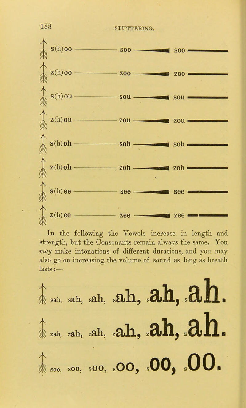 s(h)oo soo — m soo m z(h)oo zoo zoo s(h)ou sou -^^m sou z(h)ou zou ——^^m zou s(h)oh soh -^^m soh ^ z(h)oh zoh zoh > s(h)ee see see i z(h)ee zee -^^^ zee In the following the Vowels increase in length and strength, but the Consonants remain always the same. You may make intonations of different durations, and you may also go on increasing the volume of sound as long as breath lasts:— II sah, sah, sah, s 4.k zah, zah, zah. m SCO, sOO, sOO, s ah, sdih, .Sill. ah. oo, .00, sOO.