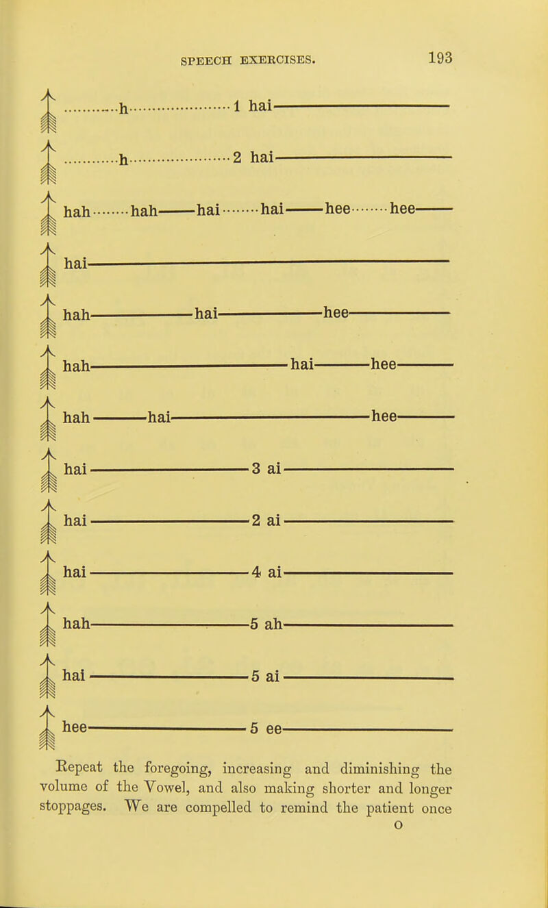 II i A —h- hai- hah- hah- hah- 1 hai- •h 2 hai- hah hah hai hai hee hee- ■hai- -hai- ■hee- ■hai- -hee- ■hee- hai' ■3 ai- hai -2 ai- hai' ■4 ai- hah- -5 ah- hai hee- m •5 ai 5 ee- Kepeat the foregoing, increasing and diminishing the volume of the Vowel, and also making shorter and longer stoppages. We are compelled to remind the patient once o