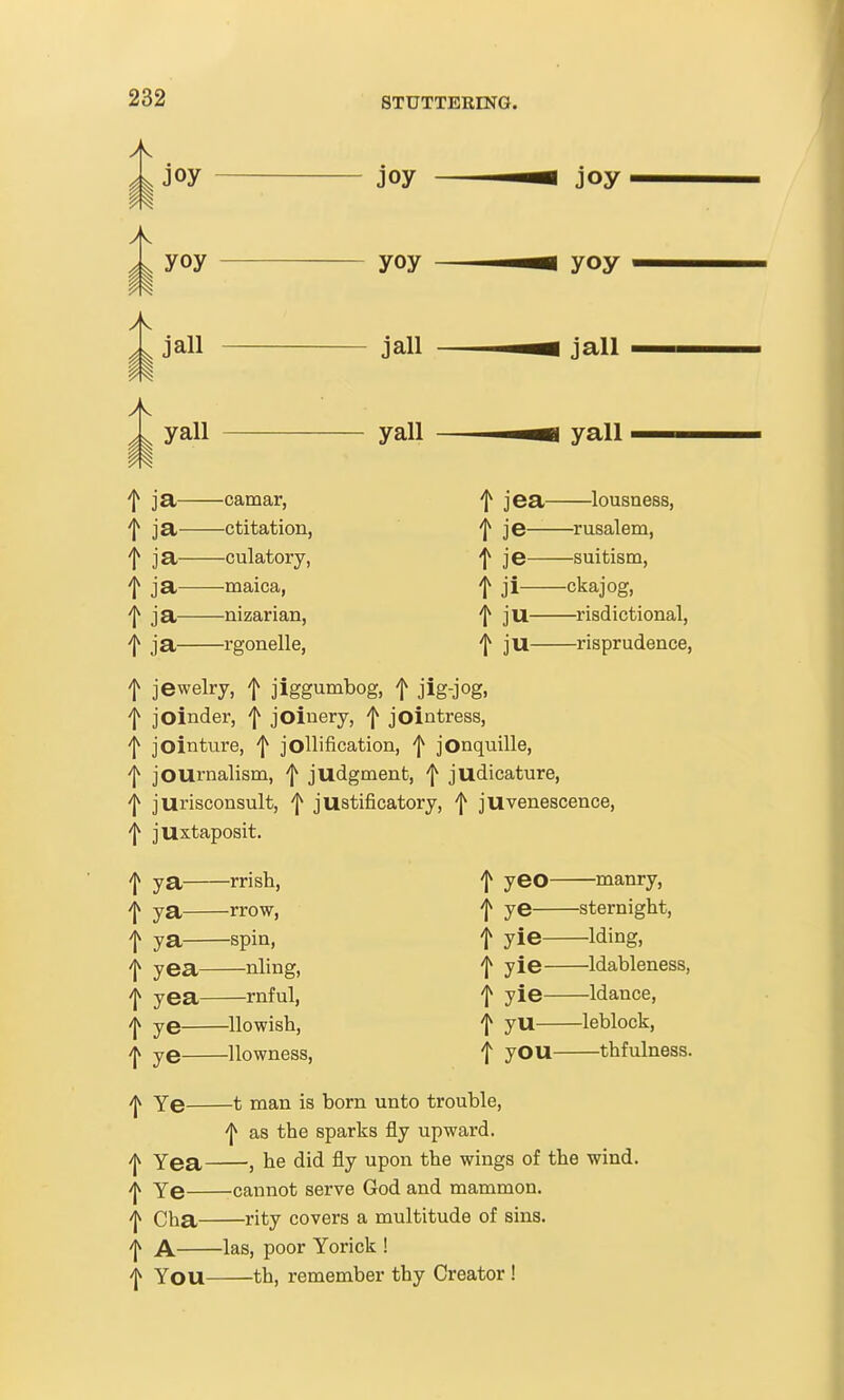 joy joy yoy joy yoy yall yall t ja— —camar, t jea- lousness, t ja- —ctitation, t ie— —rusalem, t ja— —culatory, t je— —suitism, t ja— —maica, t ji— -ckajog, t ja— —nizarian, t ju— —risdictional, t ja— —rgonelle, t ju— —risprudence, f jewelry, f jiggumbog, f jig-jog, f joinder, f joiuery, f jointress, 'I^ jointiire, f jollification, f jonquille, f journalism, f judgment, f judicature, ^ jurisconsult, f justificatory, f juvenescence, 'j^ juxtaposit. t ya —rrish. t yeo —manry. t ya— —rrow, t ye— —sternight. t ya— —spin, t yie— —Iding, t yea- nling. t yie— —Idableness, t yea- rnful, t yie— —Idance, t ye —llowish. t yu— —leblock. t ye —newness. t you- thfulness. t Ye— t man is born unto trouble, t t t t t 'j^ as the sparks fly upward. he did fly upon the wings of the wind. Yea Ye cannot serve God and mammon. Cha rity covers a multitude of sins. A las, poor Yorick ! You th, remember thy Creator !