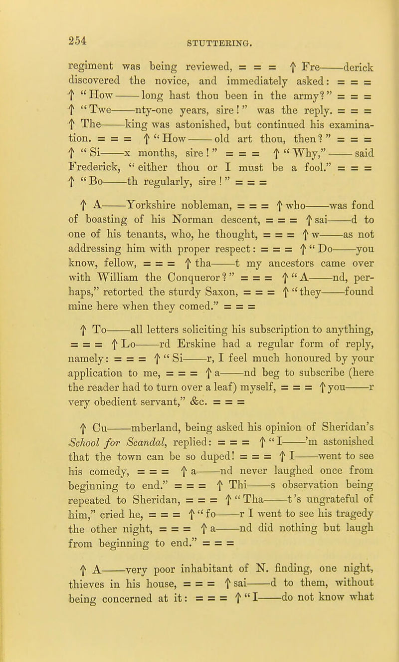 regiment was being reviewed, = = = 'I^ Fre derick discovered the novice, and immediately asked: = = = t How long hast thou been in the army? = = = f Twe nty-one years, sire! was the reply. = = = t The king was astonished, but continued his examina- tion. = = = f'How old art thou, then? = = = t  Si X months, sire !  = = = f  Why, said Frederick,  either thou or I must be a fool. = = = f  Bo th regularly, sire !  = — — t A Yorkshire nobleman, = = = | who was fond of boasting of his Norman descent, = = = f sai d to one of his tenants, who, he thought, = = = f w as not addressing him with proper respect: = = = Do you know, fellow, = = = f tha 1 my ancestors came over with William the Conqueror'? = = = f A nd, per- haps, retorted the sturdy Saxon, == = == f they found mine here when they comed. = = = f To all letters soliciting his subscription to anything, = = = f Lo rd Erskine had a regular form of reply, namely: == = == f  Si r, I feel much honoured by your application to me, = = = f a nd beg to subscribe (here the reader had to turn over a leaf) myself, = = = f you r very obedient servant, &c. = = = 'I^ Ou mberland, being asked his opinion of Sheridan's ^School for Scandal, replied: = = = f  I 'm astonished that the town can be so duped! = = = f I went to see his comedy, = = = f a nd never laughed once from beginning to end. = = = f Thi s observation being repeated to Sheridan, = = = f  Tha 1's ungrateful of him, cried he, = = = t  fo r I went to see his tragedy the other night, = = = t a nd did nothing but laugh from beginning to end. = = = 'J^ A very poor inhabitant of N. finding, one night, thieves in his house, = = = t sai d to them, without being concerned at it: = = = t  I do not know what