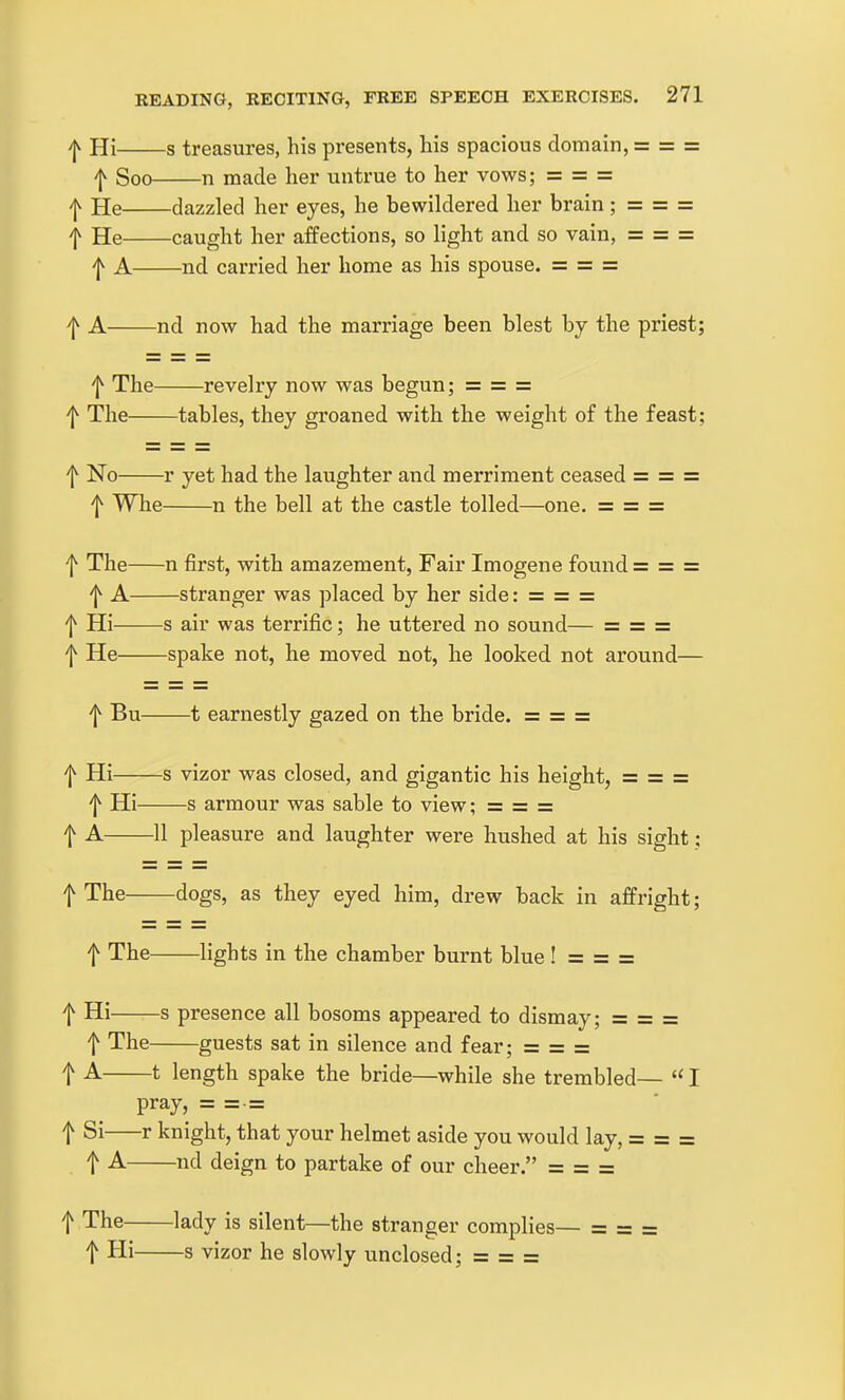 f Hi s treasures, his presents, liis spacious domain, = = = /jv Soo n made her untrue to her vows; = = = f He dazzled her eyes, he bewildered her brain; = = = f He caught her affections, so light and so vain, = = = f A nd carried her home as his spouse. = = = f A nd now had the marriage been blest by the priest; f The revelry now was begun; = = = 'j^ The tables, they groaned with the weight of the feast; f No r yet had the laughter and merriment ceased = = = f Whe n the bell at the castle tolled—one. = = = f The n first, with amazement, Fair Imogene found = = = f A stranger was placed by her side: = = = 'I^ Hi s air was terrific; he uttered no sound— = = = f He spake not, he moved not, he looked not around— f Bu 1 earnestly gazed on the bride. = = = f Hi s vizor was closed, and gigantic his height, = = = f Hi s armour was sable to view; = = = t A 11 pleasure and laughter were hushed at his sight; t The dogs, as they eyed him, drew back in affright; t The lights in the chamber burnt blue ! = = = t Hi s presence all bosoms appeared to dismay; = = = t The guests sat in silence and fear; = = = t A 1 length spake the bride—while she trembled—  I pray, = =• = t Si r knight, that your helmet aside you would lay, = = = t A nd deign to partake of our cheer. = = = t The lady is silent—the stranger complies— = = = t Hi s vizor he slowly unclosed; = = =