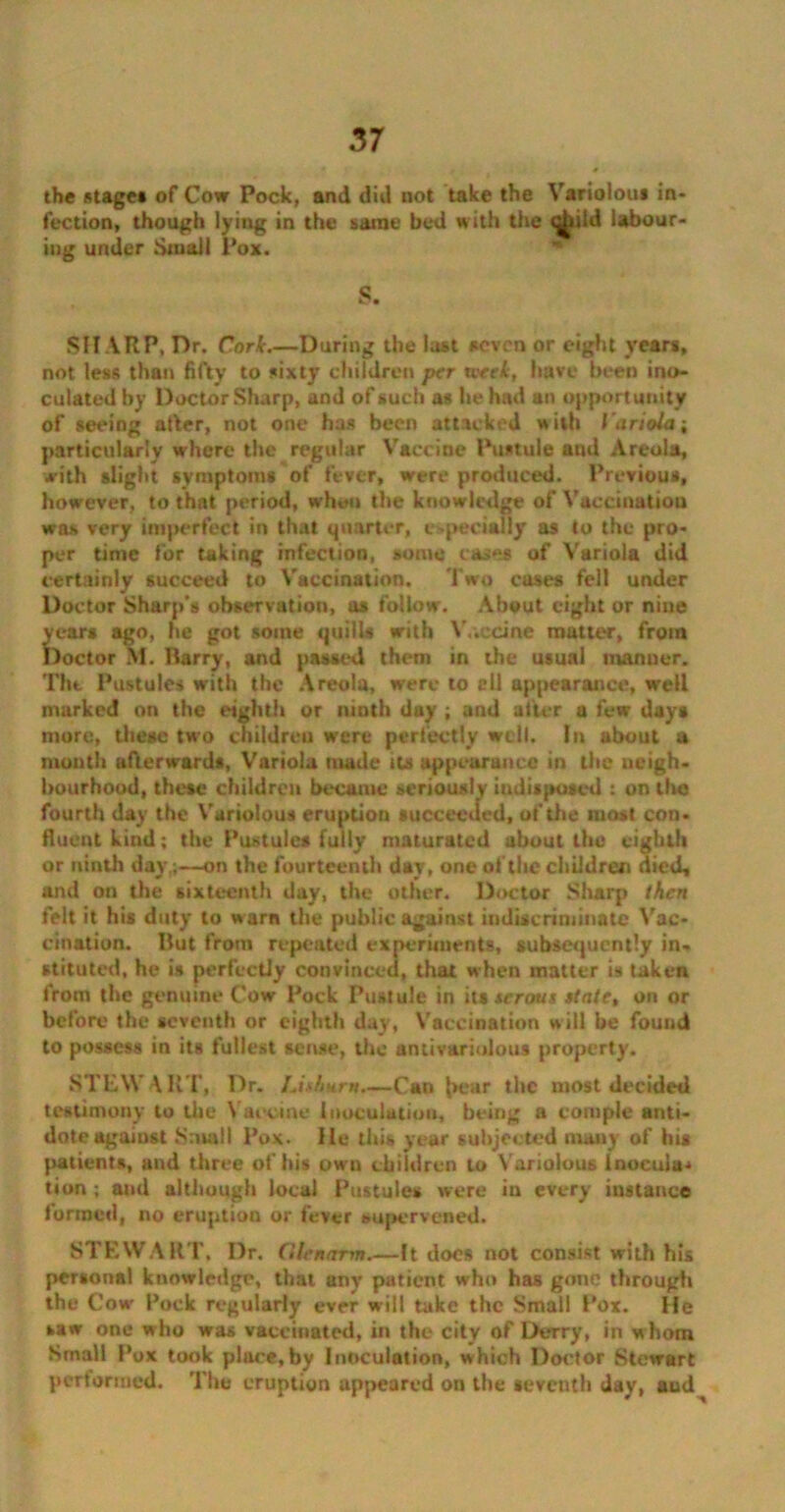 the stage* of Cow Pock, and did not take the Varioloua in- fection, though lying in the same bed with the qjiiid labour- ing under Small Pox. S. SHARP, Dr. Cork.—During the last seven or eight years, not less than fifty to sixty children per week, have been ino- culated by Doctor Sharp, and of such a* he had an opportunity of seeing after, not one has been attacked with Canola; particularly where the regular Vaccine Pustule and Areola, with slight symptom* of fever, were produced. Previous, however, to that period, when the knowledge of Vaccinatiou was very imperfect in that quarter, especially as to the pro- per time for taking infection, sonic ca»»s of Variola did certainly succeed to Vaccination. Two cases fell under Doctor Sharp's observation, as follow. About eight or nine year* ago, he got some quills with V.-.ccine matter, from Doctor M. Rarry, and passed them in the usual manuer. The Pustules with the Areola, were to ell appearance, well marked on the eighth or niuth day ; and alter a few days more, these two children were perfectly well. In about a month afterward*, Variola made its appearance in the neigh- bourhood, these children became seriously indisposed : on the fourth day the Variolous eruption succeeded, of the most con. fluent kind; the Pustule* fully maturated about the eighth or ninth day,;—on the fourteenth day, one of the children died, and on the sixteenth day, the other. Doctor Sharp then felt it his duty to warn the public against indiscriminate Vac- cination. Rut from repeated experiments, subsequently in. stituted, he is perfectly convinced, that when matter is taken from the genuine Cow Pock Pustule in its serous state, on or before the seventh or eighth day, Vaccination will be found to possess in its fullest sense, the antivariolous property. STEWART, Dr. Lishurn.—Can (>ear the most decided testimony to the Vaccine Inoculation, being a comple anti- dote against Small Pox. He this year subjected many of his patients, and three of hi* own children to Variolous Inocula- tion ; and although local Pustules were in every instance formed, no eruption or fever supervened. STEWART, Dr. Glenarm It docs not consist with his personal knowledge, that any patient who has gone through the Cow Pock regularly ever will take the Small Pox. He saw one who was vaccinated, in the city of Derry, in whom Small Pox took place, by Inoculation, which Doctor Stewart performed. The eruption appeared on the seventh day, aud