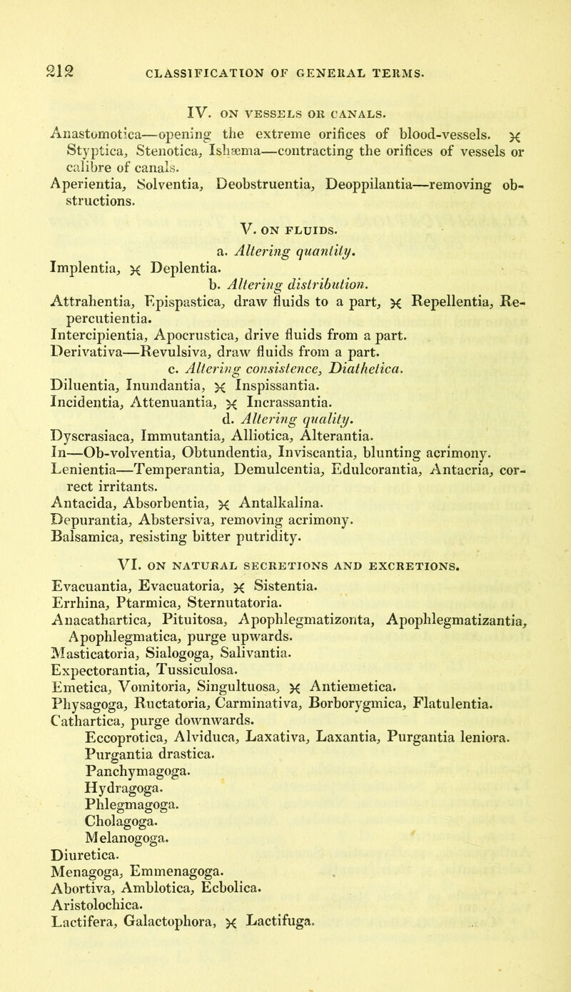 IV. ON VESSELS OR CANALS. Anastomotica—opening the extreme orifices of blood-vessels, x Styptica, Stenotica, Ishsema—contracting the orifices of vessels or calibre of canals. Aperientia, Solventia, Deobstruentia, Deoppilantia—removing ob- structions. V. ON FLUIDS, a. Altering quantity. Implentia, x Deplentia. b. Altering distribution. Attrahentia, Epispastica, draw fluids to a part, X Repellentia, Re- percutientia. Intercipientia, Apocrustica, drive fluids from a part. Derivativa—Revulsiva, draw fluids from a part. c. Altering consistence> Diathetica. Diluentia, Inundantia, x Inspissanfia. Incidentia, Attenuantia, x Incrassantia. d. Altering quality. Dyscrasiaca, Immutantia, Alliotica, Alterantia. In—Ob-volventia, Obtundentia, Inviscantia, blunting acrimony. Lenientia—Temperantia, Demulcentia, Edulcorantia, Antacria, cor- rect irritants. Antacida, Absorbentia, x Antalkalina. Depurantia, Abstersiva, removing acrimony. Balsamica, resisting bitter putridity. VI. ON NATURAL SECRETIONS AND EXCRETIONS. Evacuantia, Evacuatoria, x Sistentia. Errhina, Ptarmica, Sternutatoria. Anacathartica, Pituitosa, Apophlegmatizonta, Apophlegmatizantia, Apophlegmatica, purge upwards. Masticatoria, Sialogoga, Salivantia. Expectorantia, Tussiculosa. Emetica, Vomitoria, Singultuosa, x Antiemetica. Physagoga, Ructatoria, Carminativa, Borborygmica, Flatulentia. Cathartica, purge downwards. Eccoprotica, Alviduca, Laxativa, Laxantia, Purgantia leniora. Purgantia drastica. Panchymagoga. Hydragoga. Phlegmagoga. Cholagoga. Melanogoga. Diuretica. Menagoga, Emmenagoga. Abortiva, Amblotica, Ecbolica. Aristolochica. Lactifera, Galactophora, x Ractifuga.