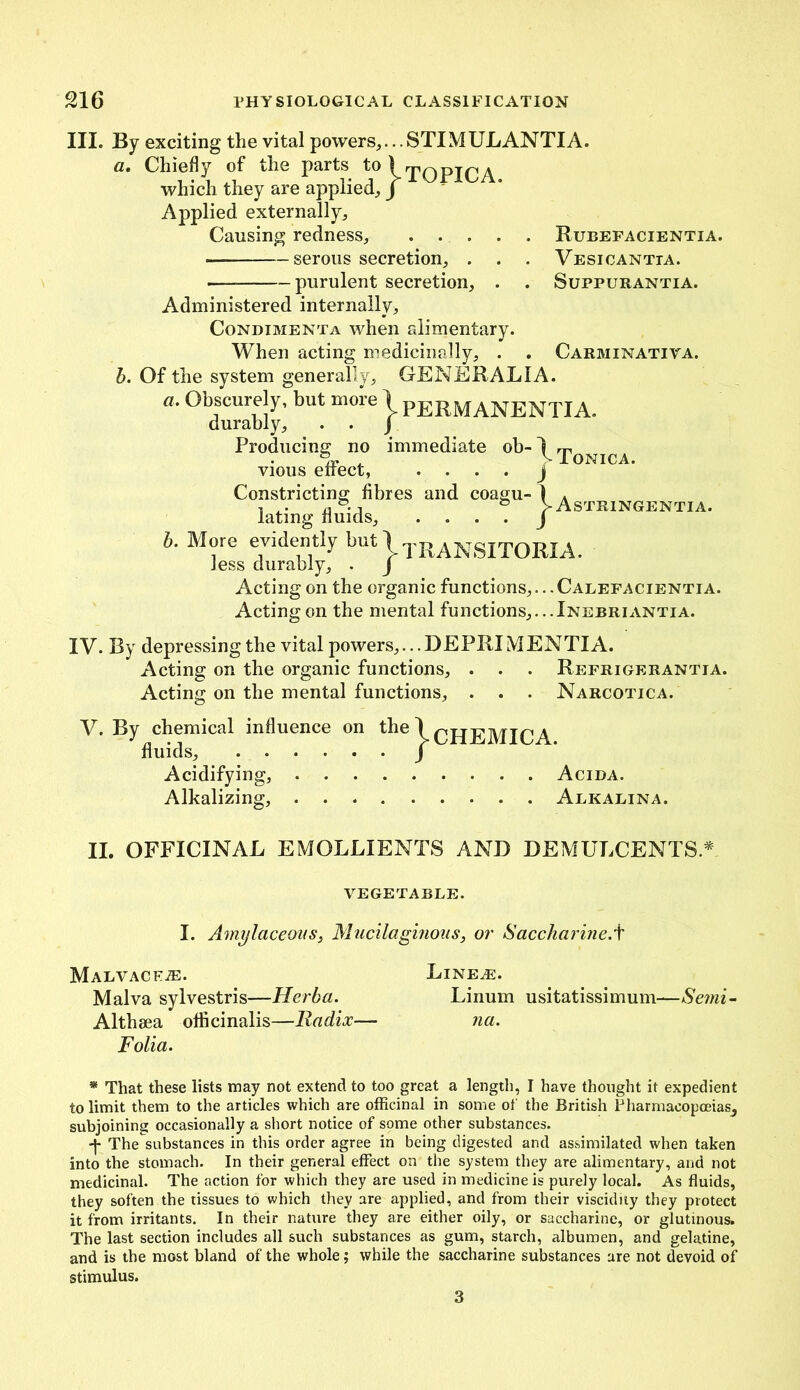III. By exciting the vital powers,...STIMULANTIA. a. Chiefly of the parts to l TOPIC A which they are applied, J Applied externally. Causing redness, Rubefacientia. • serous secretion, . . . Vesicantta. — purulent secretion, . . Suppurantia. Administered internally, Condimenta when alimentary. When acting medicinally, . . Carminativa. b. Of the system generally, GENERALI A. a- Obscurely, but more | PERMANENTIA. durably, . . J b Acting on the organic functions,... Calefacientia. Acting on the mental functions,.. .Inebriantia. IV. By depressing the vital powers,... DEPRIMENTI A. Acting on the organic functions, . . . Refrigerantia. Acting on the mental functions, . . . Narcotica. Producing no immediate °^“\rp0NICA vious effect, . ... j Constricting fibres and coagu- 1 » 1 .. n • -i ° VAstringentia. lating fluids, . ... j More evidently but 1 TBANSIT0MA. less durably, . | V. By chemical influence on fluids, Acidifying, . . . Alkalizing, . . . CHEMICA. Acida. Alkalina. II. OFFICINAL EMOLLIENTS AND DEMULCENTS.* VEGETABLE. I. Amylaceous, Mucilaginous, or Saccharine.^ Malvaceae. Linear. Malva sylvestris—Herba. Linum usitatissimum—Semi- Althaea officinalis—Radix— na. Folia. * That these lists may not extend to too great a length, I have thought it expedient to limit them to the articles which are officinal in some of the British Pharmacopoeias, subjoining occasionally a short notice of some other substances. -J- The substances in this order agree in being digested and assimilated when taken into the stomach. In their general effect on the system they are alimentary, and not medicinal. The action for which they are used in medicine is purely local. As fluids, they soften the tissues to which they are applied, and from their viscidity they protect it from irritants. In their nature they are either oily, or saccharine, or glutinous. The last section includes all such substances as gum, starch, albumen, and gelatine, and is the most bland of the whole; while the saccharine substances are not devoid of stimulus. 3