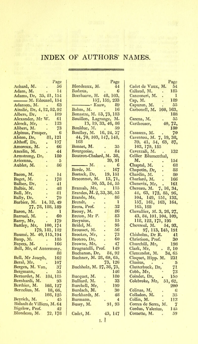 Page Achard, M. 56 Adam, M. 14 Adams, Dr, 35 , 81, 154 M. Edouard, 154 Adanson, M. 63 Ainslie, Dr, 4,12,52,92 Albers, Dr, . 109 Alexander, Mr W. 61 Alcock, Mr, . 123 Alibert, M. 73 Alpinus, Prosper, 6 Alston, Dr, 81, 121 Althoff, Dr, . 197 Amoreux, M. 66 Ancelin, M. 44 Armstrong, Dr, 180 Avicenna, 5 Aublet, M. 86 Bacon, M. 14 Baget, M. . 178 Balber, Dr, 41 Balbis, M. 48 Ball, Mr, 81 Bally, Dr, 79 Barbier, M. 14, 32, 49 CO r-C t'* 188, 189 Baron, M. 1 Barruel, M. 60 Barry, Mr, . 179 Battley, Mr, 100, 174 179, 181, 182 Baume, M. 40, 115,194 Baup, M. . 185 Bayers, M. . 166 Bell, Mr, of Antermony, 88 Bell, Mr Joseph 1, 162 Beral, Mr, . 107 Bergen, M. Von, 37 Bergmann, . 55 Bernardet, M. 184,185 Bernhardi, M. 93 Berthier, M. 108, 127 Berzelius, M. 18, 66, 108, 125 Beyrich, M. 45 BidaultdeVilliers, M. 64 Bigelow, Prof. 42 Blondeau, M. 72,178 Page Blondeaux, M. 44 Bodasus, . 6 Boerhaave, H. 48, 103, 157, 159s 233 Kaaw, 89 Bohm, M. . 16 Bonasire, M. 53,73, 183 Bouillon, Lagrange, M. 13, 19, 33, 46, 86 Boulduc, M. „ 59 Boullay, M. 16, 24, 37 44, 70, 103, 147, 148, 168 Bonnet, M. 35 Bourgeoise, 84 Boutron-Chalard , M. 38, 39, 91 - Mo 6 Borde, M. • 167 Bostock, Dr, 19, 151 Braconnot, M. 13,71, 30, 53, 54, 55 Bramah, Mr, . 115 Brandes, M. 2,33,36, 53 Brande, Mr, 86 Brendt, l Brera, Prof. 32 Bressy, M. 86 Breton, Mr P. 83 Breynius, 15 Bridel, M. 95 Brousset, M. 56 Brookes, Mr, 73 Brotero, Dr, 60 Browne, Mr, 47 Brugnatelli, Prof. 149 Buchanan, Dr, 84, 92 Buchner, M. 28, , 60, 65, 73, 126 Buchholz, M. 27,36, 73, 146 Bucquet, M. 0 180 Bulliard, M. 33 Burchell, Mr, 199 Burdach, M. 30 Burkhardt, M. 48 Burmann, 4 Bussy, M. 91, 93 Cadet, M. 43, 147 L I Page Cadet de Vaux, M. 54 Callaud, M. . 185 Canzoneri, M. . 1 Cap, M. . 189 Capuron, M. . 55 Carboneli, M, 160, 163, 188 Carena, M. . 55 Cartheuser, 40, 72, 180 Casaseca, M. „ 70 Caventou, M. 7? 19, 38, 39, 41, 54, 63, 87, 103, 170, 185 Cavezzali, M. 132 Cellier Blumenthal, M. 154 Chaptal, M. 68 Chapotin, Dr, S3 Chardin, M. 80 Charlard, M. 166 Chenevix, Mr, . 161 Chereau, M. 7, 16, , 34, 44, 63, 172, 85, 96, 104, 149, 151, 132, 157, 161, 163, 164, 165, 188 Chevallier, M. 3, 26, 27, 43, 84, 101, 104, 109, 118, 122, 171, 195 Chevreul, M. 54, 93, 97, 113, 145, 191 Chisholm, Dr R. 41 Christison, Prof. 30 Churchill, Mr, 198 Clark, Mr, . 8, 10 Clemandot, M. 34, 65 Cloquet, Hipp. M. 231 Clusius, . . 5 Clulterbuck, Dr, 71 Cobb, Mr, • 73 Coindet, Dr, . 150 Colebroke, Mr, 51, 62, 200 Colinas, M, . 6 Colladon, M. . 35 Collin, M. . 113 Correa de Serra, M. 7 Cordus, Valerius, 145 Cornette, M. . 59