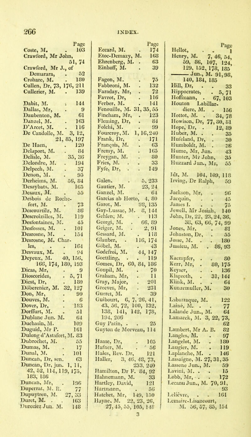 Page Coste, M. . 103 Crawford, Mr John, 51, 74 Crawford, Mr J., of Demarara, . 52 Crohare, M. . 180 Cullen, Dr, 73, 176, 211 Cullerier, M. . 139 Dabit, M. 144 Dallas, Mr, . 9 Daubenton, M. 61 Danzel, M. . 363 D’Arcet, M. . 116 De Candolle, M. 3, 12, 21, 85, 197 De Haen, . 120 Delaport, M. . 84 Delisle, M. 35, 36 Delondre, M. . 194 Delpech, M. . 37 Denon, M- . 95 Derheims, M. 56, 84 Desaybats, M. 165 Desaux, M. . 55 Desbois de Roche- fort, M. - 73 Descourtilz, M. 86 Descroizilles, M. 119 Desfontaines, M. 45 Desfosses, M. . 10J Desrosne, M. . 154 Desrosne, M. Char- les, . . 164 Desvaux, M. , 94 Peyeux, M. 40, 156, 166, 174, 180, 193 Dicas, Mr, . 9 Dioscorides, . 5, 71 Diest, Dr, . 180 Doberenier, M. 32, 127 Don, Mr, . 90 Douves, M. . 6 Dover, Dr, . 183 Dorffurt, M. . 51 Dublanc Jun. M. 64 Duchasin, M. 109 Duguid, Mr P. 161 Dulong d’Astafort, M. 83 Dubrochet, M. 55 Dumas, M. . 17 Dunal, M. . 101 Duncan, Dr, sen. 63 Duncan, Dr, jun. 1, 11, 42, 52, 114, 119, 175, 383, 186 Duncan, Mr, . 196 Duperrat, M. R. 77 Dupuytren, M. 27, 33 Duret, M. . . 163 i)uroziez Jun. M. 148 Eccard, M. Page . 174 Etoc-Demazy, M. 168 Ehrenberg, M. 63 Einhoff, M. 39 Fagon, M. 75 Fabbroni, M. . 132 Faraday, Mr, 72 Favrot, Dr, . 116 Ferber, M. . 141 Fenouille, M. 31, 35,55 Fincham, Mr, . 123 Fleming, Dr, 84 Folchi, M. 99 Fourcroy, M. 1,16,240 Frank, Dr, . 171 Francois, M. 63 Fremy, M. . 165 Freygan, M. 80 Fries, M. . 33 Fyfe, Dr, . 149 Galen, 5, 233 Gautier, M. 23, 24 Ganzel, M. 64 Garcias ab Horto, 4, 80 Garot, M. 98, 135 Gay-Lussac, M . 8, 144 Gehlen, M. . 113 Georgi, M. 66. 89 Geiger, M. 2, 91 Gessard, M. . 118 Glauber, 116, 174 Gobel, M. 43 Godefroi, M. 44, 147 Goettling, . 119 Gomes, Dr, 60 , 84, 186 Goupil, M. 70 Graham, Mr, 11 Gray, Major, . 201 Greeves, Mr, . 231 Gueret, M. 39 Guibourt, 6, 7 26,41, 43, 56, 72, 100, 132, 138, 141, 142, 178, 194, 206 Guy Patin, . . 25 Guyton de Morveau, 114 Haase, Dr, . 105 Hafner, M. . 56 Hales, Rev. Dr, 121 Haller, 3, 46, 48, 73, 233, 240 Hamilton, Dr F. 84, 92 Hahnemann, M. 33 Hartley, David, 121 Hartmann, . 56 Hatchet, Mr, 149, 150 Hayne, M. 22, 23, 26, 27,45,55, 105, 148 3 Hellot, . „ 1 Henry, M. 7, 46, 54, 59, 86, 107, 124, 129, 152, 178, 185 * Jun., M. 91,98, 140, 184, 185 Hill, Dr, . . 33 Hippocrates, . 5, 71 Hoffmann, . 67, 103 Houton Labillar- diere, M. . 156 Hottot, M. . 34, 78 Howison, Dr, 77, 80, 81 Hope, Dr, . 12, 89 Huber, M. . 35 Hufeland, Dr, . 30 Humboldt, M. . 36 Hume, Mr, Jun. 43 Hunter, Mr John, 35 Huzzard Jun., Mr, 55 Idt, M. 104,109,118 Irving, Dr Ralph, 59 Jackson, Mr, . 96 Jacquin, . , 45 James I. 75 Jewell, Mr Josiah, 140 John, Dr, 22, 23,24,36, 38, 63, 66, 74, 99 Jones, Mr, . 81 Johnston, Dr, . 55 Josse, M. . . 180 Jussieu, M. . 86, 93 Kaempfer, . . 80 Kerr, Mr, . 80, 175 Keyser, . . 136 Klaproth, . 31, 144 Klink, M. . 64 Kunzemuller, M. 30 Lubarraque, M. 122 Laine, M. . . 77 Lalande Jun., M. 64 Lamarck, M. 3, 22, 73, 62 Lambert, Mr A. B. 82 Langles, M. . 97 Langelot, M. . 180 Laugier, M. . 119 Laplanche, M. . 146 Lassaigne, M. 27, 31,35 Lassone Jun., M. 59 Lavini, M. . 15 Lobb, Mr, . . 172 Lecanu Jun., M. 70, 91, 93 Lelievre, . . 161 Lemaire-Lisancourt, M. 56, 57, 85, 154