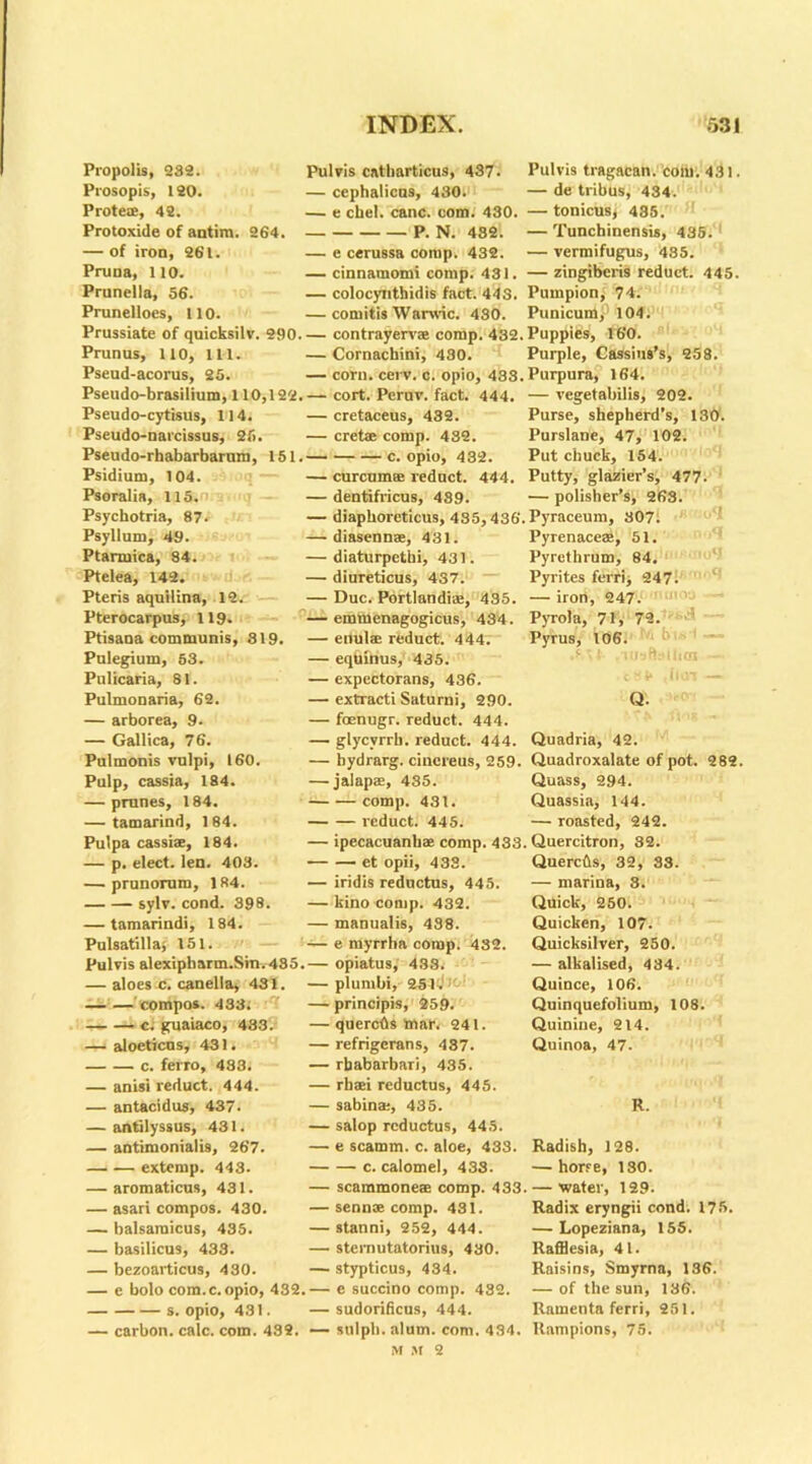 Propolis, 232. Prosopis, 120. Prote®, 42. Protoxide of antira. 264. — of iron, 261. Pruna, 110. Prunella, 56. Prunelloes, 110. Prussiate of quicksilv. 290. Prunus, 110, ill. Pseud-acorus, 25. Pseudo-brasilium, 110,122. Pseudo-cytisus, 114. Pseudo-narcissus, 25. Pseudo-rhabarbarum, 151. Psidium, 104. Psoralia, 115. Psychotria, 87. Psylluru, 49. Ptarmica, 84. Ptelea, 142. Pteris aquilina, 12. Pterocarpus, 119. Ptisana communis, 819. Pulegium, 53. Pulicaria, SI. Pulmonaria, 62. — arborea, 9. — Gallica, 76. Pulmonis vulpi, 160. Pulp, cassia, 184. — prunes, 184. — tamarind, 184. Pulpa cassi®, 184. — p. elect, len. 403. — prunorum, 184. sylv. cond. 398. — tamarindi, 184. Pulsatilla; 151. Pulvis alexipharm.Sin.485. — aloes c. canella* 431. — — compos. 438; c; guaiaco, 433. — aloeticns, 431. c. ferro, 433. — anisi reduct. 444. — antacidus, 437. — antilyssus, 431. — antimonialis, 26'7. extemp. 443. — aromaticus, 431. — asari compos. 430. — balsamicus, 435. — basilicus, 433. — bezoarticus, 430. — e bolo com.c. opio, 432. s. opio, 431. — carbon, calc. com. 432. Pulvis catharticus, 437. — cephalicus, 430.1J — e ckel. canc. com. 430. P. N. 482. — e cerussa comp. 432. — cinnamomi comp. 431. — colocynthidis fact. 443. — comitis Warwic. 430. — contrayerv* comp. 432. — Cornachini, 430. — corn. cerv. c. opio, 433. — cort. Peruv. fact. 444. — cretaceus, 432. — cretae comp. 432. c. opio, 432. — curcum® redact. 444. — dentifricus, 489. — diaphoreticus, 435,436, — diasenn®, 431. — diaturpethi, 431. — diureticus, 437. — Due. Portland-!®, 435. — emtnenagogicus, 484. — enul® reduct. 444. — equinus, 435. — expectorans, 436. — extracti Saturni, 290. — feenugr. reduct. 444. — glycvrrh. reduct. 444. — bydrarg. cincreus, 259. — jalapae, 435. comp. 431. reduct. 445. — ipecacuanbae comp. 433 et opii, 433. — iridis reductus, 445. — kino comp. 432. — manualis, 438. — e myrrha comp. 432. — opiatus, 438. — plumbi, 251- ;'-; — principis, 259. — quercOs War. 241. — refrigerans, 437. — rbabarbari, 435. — rbsei reductus, 445. — sabin®, 435. — Salop reductus, 445. — e scamm. c. aloe, 433. c. calomel, 433. — scammone® comp. 433 — senn® comp. 481. — stanni, 252, 444. — stemutatorius, 430. — stypticus, 434. ,— e succino comp. 432. — sudorificus, 444. — sulph. alum. com. 434. M St 2 Pulvis tragacan. com. 431. — de tribus, 434. — tonicus, 435. — Tunchinensis, 435. — vermifugus, 435. — zingiberis reduct. 445. Pumpion, 74. Punicum, 104. Puppies, 160. Purple, Cassius’s, 258. Purpura, 164. — vegetabilis, 202. Purse, shepherd’s, 130. Purslane, 47, 102. Put chuck, 154. Putty, glazier’s, 477. — polisher’s, 268. , Pyraceum, 307. Pyrenace®, 51. Pyrethrum, 84. Pyrites ferrij 247. — iron, 247. Pyrola, 71, 72. Pyrus, 106. Q. Quadria, 42. Quadroxalate of pot. 282. Quass, 294. Quassia, 144. — roasted, 242. Quercitron, 32. Quercds, 32, 33. — marina, 3. Quick, 250. Quicken, 107. Quicksilver, 250. — alkalised, 434. Quince, 106. Quinquefolium, 108. Quinine, 214. Quinoa, 47. R. Radish, 128. — horse, 130. — water, 129. Radix eryngii cond. 175. — Lopeziana, 155. ltafflesia, 41. Raisins, Smyrna, 136. — of the sun, 136. Ramenta ferri, 251. Rampions, 75.