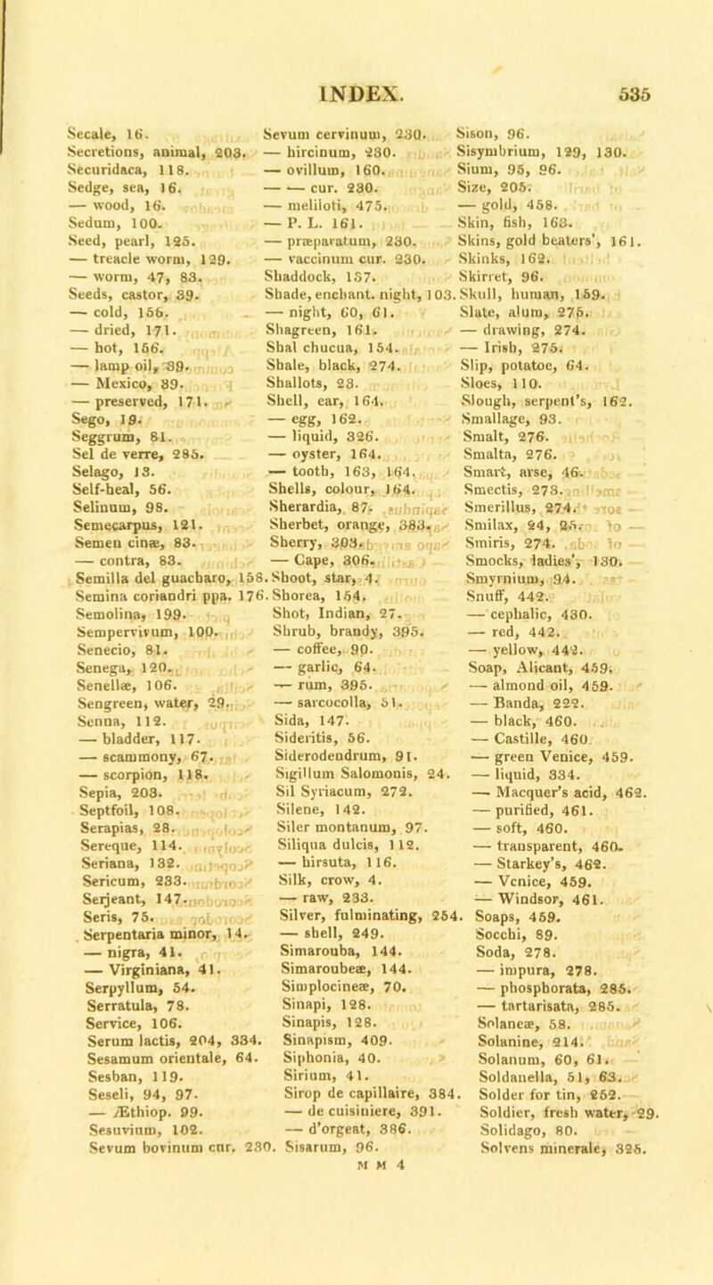 Secale, 16. Sevum cervinuui, 230. Sison, 96. Secretions, animal, 203. — hircinum, 230. Sisymbrium, 129, 130. Securidaca, 118. — ovillum, 160. Sium, 95, 96. Sedge, sea, 16. cur. 230. Size, 205. — wood, 16. — meliloti, 475. — gold, 458. Sedum, 100. — P. L. 161. Skin, fish, 163. Seed, pearl, 125. — pneparatum, 230. Skins, gold beaters’, 16 — treacle worm, 129. — vaccinum cur. 230. Skinks, 162. — worm, 47, 83. Shaddock, 137. Skirret, 96. Seeds, castor, 39. Shade, enchant, night, 103. Skull, human, 159. — cold, 156. — night, 60, 61. Slate, alum, 275. — dried, 171. Shagreen, 161. — drawing, 274. — hot, 166. Sbal chucua, 154. — Irish, 275. — lamp oil, ^39. Shale, black, 274. Slip, polatoc, 64. — Mexico, 89. Shallots, 23. Sloes, 110. — preserved, 171. Shell, ear, 164. Slough, serpent’s, 162. Sego, 19. — egg, 162. Smallage, 93. Seggrum, 81. — liquid, 326. Smalt, 276. Sel de verre, 285. — oyster, 164. Smalta, 276. Selago, 13. — tooth, 163, 164. Smart, arse, 46. Self-heal, 56. Shells, colour, 164. Smectis, 273. ' ,.n; - Selinum, 98. Sherardia, 87. * rhniqer Smerillus, 274. ,?oe Semecarpus, 121. Sherbet, orange, 383. Smilax, 24, 05. >o Semen cina:, 83. Sherry, 303,; 6 Smiris, 274. sb fo — contra, 83. — Cape, 306. Smocks, ladies’, 130. Semilla del guaebaro, 158.Shoot, star, 4. Smyrnium, 9-4. Semina coriandri ppa. 176.Shorea, 154. Snuff, 442. Semolina, 199. Shot, Indian, 27. — cephalic, 430. Sempervivum, 10p. Shrub, brandy, 395. — red, 442. Senecio, 81. — coffee, 90. — yellow, 442. Senega,. 120.. — garlic, 64. Soap, Alicant, 459. Senellae, 106. — rum, 395. — almond oil, 459. Sengreen, water, 29. — sarcocolla, 51. — Banda, 222. Senna, 112. Sida, 1471 — black, 460. — bladder, 117- Sideritis, 56. — Castille, 460 — scarumony, 67. Siderodendrum, 91. — green Venice, 459 — scorpion, 118. SigiUum Salomonis, 24. — liquid, 334. Sepia, 203. Sil Syriacum, 272. — Macquer’s acid, 46 Septfoil, 108. Silene, 142. — purified, 461. Serapias, 28. i,,jX Siler montanum, 97. — soft, 460. Sertque, 114. Siliqua dulcis, 112. — transparent, 460. Seriana, 132. . toqtn? — liirsuta, 116. — Starkey’s, 462. Sericum, 233. Silk, crow, 4. — Venice, 459. ;ra, «i. ciimoiuuuo, xhv. rginiana, 41. Simaroubeae, 144. Hum, 54. Simplocineae, 70. ^i<1» fro Qmani 1 OQ ,75. sntaria minor, 14. igra, 41. irginiana, 41 —, 54. 78. e, 106. » lactis, 204, 334. mm orientale, 64. n, 119. 94, 97. ;hiop. 99 102 — raw, 233. —Windsor, 461. Silver, fulminating, 254. Soaps, 459. — shell. 249. Socchi, 89. Soda, 278. — impura, 278. — phospborata, 285. — tartarisata, 285. Solancae, 58. Solanine, 214. Solatium, 60, 61. Soldanella, 51, 63. Solder for tin, 262. Soldier, fresh water, 29. Solidago, 80. iver, 1 hid) in ci — shell, 249. Simarouba, 144. Simaroubeae, 'AA Simplocineae, Sinapi, 128. Sinapis, 128. Sinapism, 409. Siphonia, 40. Sirium, 41. Sirup de capillaire, — de cuisiniere. 3! op ue capiuaire, a uup. »». —de cuisiuiere, 391 m, 102. — d’orgeat, 386. bovinum cnr. 230. Sisarum, 96. M m 4