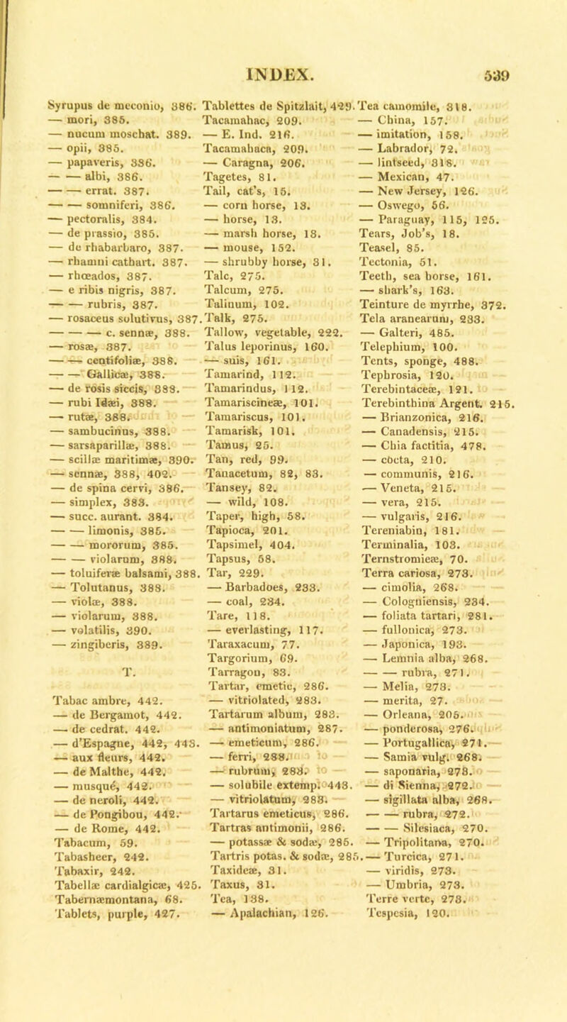 Syrupus de mcconio, 38b', — mori, 385. — nucum moschat. 389. — opii, 385. — papaveris, 33b. albi, 386. errat. 387. somniferi, 386. — pectoralis, 384. — de prass'io, 385. — de rhabarbaro, 387- — rbamui cathart. 387. — rhoeados, 387. — e ribis nigris, 387. rubris, 387. — rosaceus solutivus, 387 c. sennee, 388. — rosae, 387. r-. ccntifolise, 388. Gallics, 388. — de rosis siccis, 388. — rubi Idasi, 388. — ruts, 388. — sambucinns, 388. — sarsaparilla:, 388. — scillae maritime, 390. — scnnae, 388, 402. — de spina cervi, 386. — simplex, 383. — succ. aurant. 384. limonis, 385. mororum, 385. violarum, 388. — toluiferae balsami, 388. — Tolutanus, 388. — viol®, 388. — violarum, 388. — volatilis, 390. — zingibcris, 389. T. Tabac ambre, 442. — de Bergamot, 442. — de cedrat. 442. — d’Espagne, 442, 443. —• aux dears, 442. — de Malthc, 442. — musqud, 442. — de neroli, 442. — de Pongibou, 442/ — de Rome, 442. Tabacum, 59. Tabasheer, 242. Tabaxir, 242. Tabellae cardialgic®, 426. Tabernwmontana, 68. Tablets, purple, 427. Tablettes de Spitzlait, 42 Tacamahac, 209. — E. Ind. 216. Tacamahacn, 209. — Caragna, 206. Tagetes, 81. Tail, cat’s, 15. — corn horse, 13. — horse, 13. — marsh horse, 18. — mouse, 152. — shrubby horse, 31. Talc, 275. Talcum, 275. Taliuum, 102. Talk, 275. Tallow, vegetable, 222. Talus leporinus, 160. — suis, 161. Tamarind, 112. Tamarindus, 1 12. Tamariscinese, 101. Tamariscus, 101. Tamarisk, 101. Tam us, 25. Tan, red, 99. Taiiacetum, 82, 83. Tansey, 82. — wild, 108. Taper, high, 58. Tapioca, 201. Tapsimel, 404. Tapsus, 58. Tar, 229. — Barbadoes, 233. — coal, 284. Tare, 118. — everlasting, 117. Taraxacum, 77. Targorium, G.9. Tarragon, 83. Tartar, emetic, 286. — vitriolated, 283. Tartarum album, 283. — antimoniatum, 287. — emeticum, 286. — ferri, 288/ — rubrum, 288. io — — solubile extemp. 441 — vitriolatum, 283. Tartarus emeticus, 286. Tartras nntimonii, 286. — potass* & soda', 285. Tartris potas. & sod*, 28i Taxidese, 31. Taxus, 81. Tea, 188. — Apalachian, 126. Tea camomile, 318. — China, 157. — imitation, 158. — Labrador, 72. — lintseed, 818. — Mexican, 47. — New Jersey, 126. — Oswego, 56. — Paraguay, 115, 125. Tears, Job’s, 18. Teasel, 85. Tectonia, 51. Teeth, sea horse, 161. — shark’s, 163. Teinture de myrrhe, 372. Tela aranearum, 233. — Galteri, 485. Telephium, 100. Tents, sponge, 488. Tepbrosia, 120. Terebintace®, 121. Terebinthina Argent. 215. — Brianzonica, 216. — Canadensis, 215. — Chia factitia, 478. — cOcta, 210. — communis, 216. — Veneta, 215. — vera, 215. — vulgaris, 216. Tereniabin, 181. Terminalia, 103. Ternstromie®, 70. Terra cariosa, 278. — cimolia, 268. — Cologniensis, 234. — foliata tartari, 281. — fullonica, 273. — Japonica, 198. — Lemnia alba, 268. rubra, 271. — Melia, 273. — merita, 27. — Orleana, 205. — ponderosa, 276. — Portugallica, 271.— — Sarnia vulg. 268. — saponaria, 278. — di Sienna, 272. — slgillata alba, 268. rubra, 272. Silcsiaca, 270. — Tripolitaoa, 270. ..— Turcica, 271. — viridis, 273. — Umbria, 273. Terre vertc, 278. Tespcsia, 120.