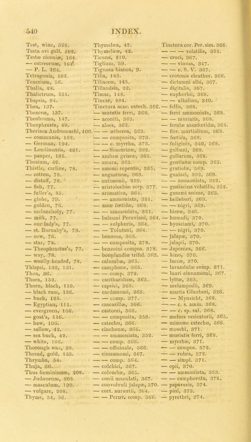 Test, wine, 328. Thymekea, 42. Testa ovi gall. 162. Thymel®®, 42. Testa: ciconi®, 164. Ticuna, 210. — ostreorum, 164*. Tiglium, 39. — P. L. 164. Tignosa bianca, 9. Tctragonia, 102. Tilia, 145. Teucrium, 56. Tiliace®, 145. Thalia, 28. Tillandsia, 22. Thalictrum, 151. Timac, 14 8. Thapsia, 94. Tincar, 284. Tkea, 137. Tinctura acac. catech. 366, Theace®, 137. — acetatis ferri, 368. Theobroma, 147. — aconiti, 362. Tbeopbrasta, 68. — aloes, 362. Theriaca Andromachi, 400 . *therea, 363. — communis, 182. composita, 373. — German, 194. c. myrrha, 373. — Londinensis, 401. Socotrina?, 362. — pauper, 195. — ambi® grise®, 363. Thesium, 42. — amara, 363. Thistle, carline, 78. — amomi repentis, S65. — cotton, 78. — angnstur®, 863. — distaff, 78. ' — antimonii, 239. — fish, 77. — aristolochi® serp. 877- — fuller’s, 85. — aromatica, 364. — globe, 79. ammoniata, 351. — golden, 76. — ass® foetid®, 368. — melancholy, 77. ammoniata, 351. — milk, 77. — balsami Peruvian!, 361. — our lady’s, 77. sulphuris, 364. — st. Baruaby’s, 79. Tolutnni, 364. — sow, 76. — benzoes, 365. — star, 78. composita, 378. — Theophrastus’s, 77. — benzoini compos. 378. — way, 78. — bonplandi® trifol. 363. — woolly headed, 78. — calumb®, 365. Thlapsi, 130, 131. — camphor®, 365. Thoa, 36. comp. 372. Thora, 152. — cantharidum, 365. Thorn, black, 110. — capsici, 365. — black ram, 126. — cardamomi, 365. — buck, 125. comp. 377. — Egyptian, 111. — cascarill®, 366. — evergreen, 106. •— castorei, 366. — goat’s, 116. composita, 353. — haw, 106. — catechu, 366. — sallow, 42. — cinchon®, 366. — sea buck, 42. ammoniata, 352. — white, 106. • comp. 366. Thorough wax, 98. officinale, 366. Thread, gold, 153. — cinnamomi, 367. Thrymba, 54. —■ — comp. 864. Thuja, 30. — colchici, 367. Thus foemininum, 208. — colombs, 365. — Judaeorum, 208. — conii maculati, 367. — masculum, 190. — convolvuli jalap®, 370. — vulgare, 208. — cort. aurantii, 364. Thyme, 54, 56. Pcruv. comp. 366. Tinctura cor. Per. sim. 36'6'- volalilis, 352. — croci, 86'7. vinosa, 3-17- c. S. V. 367. — crotonis elcuthcv. 3C6. — dictamni albi, 367. — digitalis, 367. •— euphorbii, 368. alkalina, 340. — fellis, 368. — ferri ammoniata, 368. muriatis, 368. — fcrul* assafoetid®, 368. — flor. martialium, 368. — foetida, 368. — fuliginis, 340, 368. — galbani, 368. — gallaruro, 368. — gentian® comp. 363. — gratiol®, 369. — guaiaci, 352, 369. ammoniata, 352. — guaiacina volatilis, 352. — gurami anime, 363. — hellebori, 369. nigri, 369. — hier®, 346. — liumuli, 370. — hyosciami, 370. nigri, 370. — jalap®, 370. — jalapii, 370. — Japonica, 366. — kino, 370. — lacc®, 370. — lavanduliE comp. 371. — lauri cinnamomi, 367. — lyttae, 365. — melampodii, 369. — martis Glauberi, 326. Mynsichf, 368. s. amm. 368. c. sp. sal. 368. — meloes vcsicatorii, 365. — mimosa: catechu, 366. — moscki, 871. — muriatis ferri, 368. — myrrhte, 371. compos. 372. — — rubra, 372. simpl. 371. — opii, 370. ammoniata, 353. camphorata, 372. — papaveris, 374. — pin!, 373. — pyrcthri, 374.