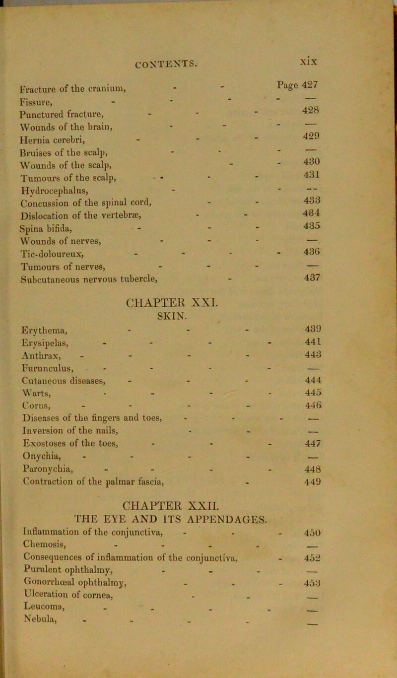 Fracture of the cranium, Fissure, Punctured fracture. Wounds of the brain. Hernia cerebri. Bruises of the scalp, Wounds of the scalp. Tumours of the scalp. Hydrocephalus, Concussion of the spinal cord, Dislocation of the vertebra;. Spina bifida, Wounds of nerves, Tic-doloureux, Tumours of nerves. Subcutaneous nervous tubercle. Page 427 428 429 430 431 433 484 435 436 437 CIIAPTEK XXI. SKIN. Erythema, - - - 439 Erysipelas, - - - - 441 .\nthrax, - - - - 443 Furunculus, - - - - — Cutaneous diseases, ... 444 Warts, • - - - 445 Corns, - - - - 446 Diseases of the fingem and toes, - - - — Inversion of the nails, - - — Exostoses of the toes, ... 447 Onychia, .... — Paronychia, - - - - 448 Contraction of the palmar fascia, - 449 CHAPTER XXII. THE EYE AND ITS APPENDAGES. Inflammation of the conjunctiva, - . - 450 Chemosis, .... Consequences of inflammation of the conjunctiva, - 452 Purulent ophthalmy, - — Gonorrhoeal ophthalmy, ... 4o:j Ulceration of cornea, Leucoma, Nebula,