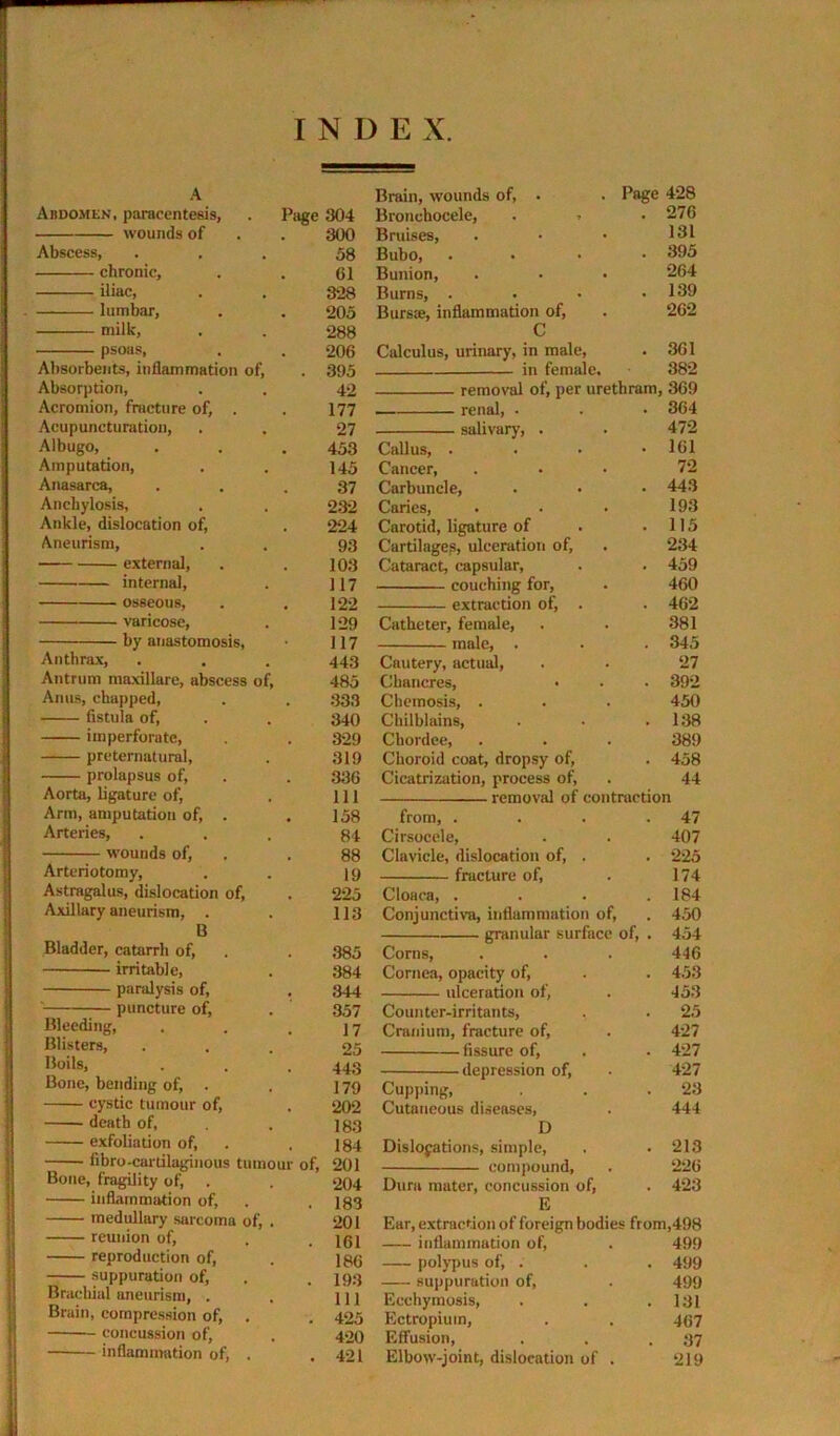 INDEX A Brain, wounds of, . . Page 428 Abdomen, paracentesis, Page 304 Bronchocele, . > 276 wounds of 300 Bruises, 131 Abscess, 58 Bubo, .... 395 chronic. 61 Bunion, 264 iliac. 328 Burns, .... 139 lumbar. 205 Bursoe, inflammation of. 262 milk. 288 C psoas, 206 Calculus, urinary, in male. 361 Absorbents, inflammation of. 395 in female. 382 Absorption, 42 removal of, per urethram. 369 Acromion, fracture of, . 177 renal, . 364 Acupuncturatioii, 27 salivary, . 472 Albugo, 453 Callus, .... 161 Amputation, 145 Cancer, 72 Anasarca, 37 Carbuncle, 443 Anchylosis, 232 Caries, 193 Ankle, dislocation of. 224 Carotid, ligature of 115 Aneurism, 93 Cartilage?, ulceration of. 234 external. 103 Cataract, capsular. 459 internal. 117 couching for, 460 osseous, 122 extraction of, . 462 varicose, 129 Catheter, female, 381 by anastomosis. 117 male, . 345 Anthrax, 443 Cautery, actual, 27 Antrum maxillare, abscess of. 485 Chancres, 392 Anus, chapped. 333 Chemosis, . 450 fistula of. 340 Chilblains, 138 imperforate. 329 Chordee, 389 preternatural. 319 Choroid coat, dropsy of. 458 prolapsus of. 336 Cicatrization, process of. 44 Aorta, ligature of. 111 removal of contraction Arm, amputation of, . 158 from, .... 47 Arteries, 84 Cirsocele, 407 wounds of, 88 Clavicle, dislocation of, . 225 Arteriotomy, 19 fracture of, 174 Astragalus, dislocation of, 225 Cloaca, .... 184 Axillary aneurism, . 113 Conjunctiva, inflammation of. 450 B granular surface of, . 454 Bladder, catarrh of. 385 Corns, 446 irritable. 384 Cornea, opacity of. 453 paralysis of, 344 ulceration of, 453 ' puncture of. 357 Counter-irritants, 25 Bleeding, 17 Cranium, fracture of, 427 Blisters, 25 fissure of. 427 Boils, 443 depression of. 427 Bone, bending of. 179 Cupping, 23 cystic tumour of. 202 Cutaneous diseases. 444 death of, 183 D exfoliation of. , 184 Dislocations, simple. 213 nbro-cartiiaginous tumour of. 201 compound. 226 ooue, tragility of, . 204 Dura mater, concussion of. 423 inflammation of. 183 E medullary sarcoma of, . 201 Ear, extraction of foreign bodies from,498 reunion of. 161 inflammation of. 499 reproduction of. 186 polypus of, . 499 suppuration of. , 193 suppuration of. 499 Brachial aneurism, . 111 Ecchymosis, 131 Brain, compression of, . . 425 Eetropium, 467 concussion of. 420 Effusion, 37 inflammation of, . • 421 Elbow-joint, dislocation of . 219