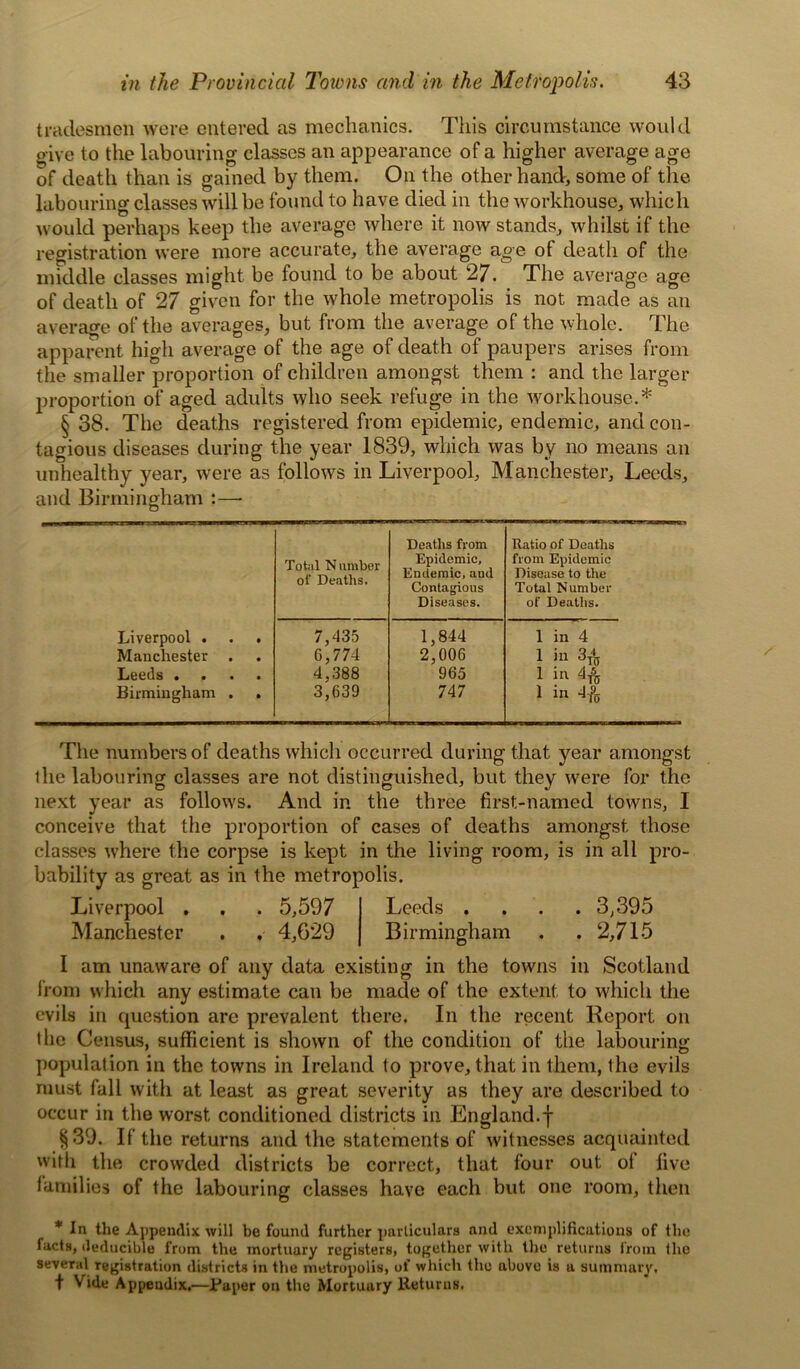 tradesmen were entered as mechanics. This circumstance would give to the labouring classes an appearance of a higher average age of death than is gained by them. On the other hand, some of the labouring classes will be found to have died in the workhouse, which would perhaps keep the average where it now stands, whilst if the registration were more accurate, the average age of death of the middle classes might be found to be about 27. The average age of death of 27 given for the whole metropolis is not made as an average of the averages, but from the average of the whole. The apparent high average of the age of death of paupers arises from the smaller proportion of children amongst them : and the larger proportion of aged adults who seek refuge in the workhouse.* § 38. The deaths registered from epidemic, endemic, and con- tagious diseases during the year 1839, which was by no means an unhealthy year, were as follows in Liverpool, Manchester, Leeds, and Birmingham :—• Total Number of Deaths. Deaths from Epidemic, Endemic, and Contagious Diseases. Ratio of Deaths from Epidemic Disease to the Total Number of Deaths. Liverpool . . . 7,435 G,774 1,844 1 in 4 Manchester . 2,006 1 in 3ft Leeds .... 4,388 965 1 in 4ft Birmingham . . 3,639 747 1 in 4ft The numbers of deaths which occurred during that year amongst ihe labouring classes are not distinguished, but they were for the next year as follows. And in the three first-named towns, I conceive that the proportion of cases of deaths amongst those classes where the corpse is kept in the living room, is in all pro- bability as great as in the metropolis. Liverpool . . . 5,597 Leeds .... 3,395 Manchester . , 4,629 Birmingham . . 2,715 I am unaware of any data existing in the towns in Scotland l'rom which any estimate can be made of the extent to which the evils in question are prevalent there. In the recent Report on the Census, sufficient is shown of the condition of the labouring population in the towns in Ireland to prove, that in them, the evils must fall with at least as great severity as they are described to occur in the worst conditioned districts in England.f §39. If the returns and the statements of witnesses acquainted with the crowded districts be correct, that four out ot five families of the labouring classes have each but one room, then * In the Appendix will be found further particulars and exemplifications of the facts, deducible from the mortuary registers, together with the returns from the several registration districts in the metropolis, of which the above is a summary, t Vide Appendix.—Paper on the Mortuary Returns.