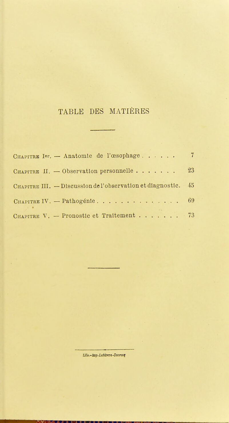 TABLE DES MATIÈRES Chapitre 1er. — Anatomie de l'œsophage 7 Chapitre II. — Observation personnelle 23 Chapitre III. — Discussion de l'observation et diagnostic. -45 Chapitre IV. — Pathogénle 69 Chapitre V. — Pronostic et Traitement 73 Lille,-top .Lefebrre -Ducrwf