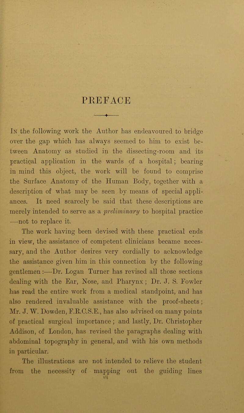PREFACE —♦— In the following work the Author has endeavoured to bridge over the gap which has always seemed to him to exist be- tween Anatomy as studied in the dissecting-room and its practical application in the wards of a hospital; bearing in mind this object, the work will be found to comprise the Surface Anatomy of the Human Body, together with a description of what may be seen by means of special appli- ances. It need scarcely be said that these descriptions are merely intended to serve as a 'preliminary to hospital practice —not to replace it. The work having been devised with these practical ends in view, the assistance of competent clinicians became neces- sary, and the Author desires very cordially to acknowledge the assistance given him in this connection by the following gentlemen:—Dr. Logan Turner has revised all those sections dealing with the Ear, Nose, and Pharynx; Dr. J. S. Fowler has read the entire work from a medical standpoint, and has also rendered invaluable assistance with the proof-sheets; Mr. J. W. Dowden, F.E.C.S.E., has also advised on many points of practical surgical importance ; and lastly. Dr. Christopher Addison, of London, has revised the paragraphs dealing with abdominal topography in general, and with his own methods in particular. The illustrations are not intended to relieve the student from the necessity of mapping out the guiding lines
