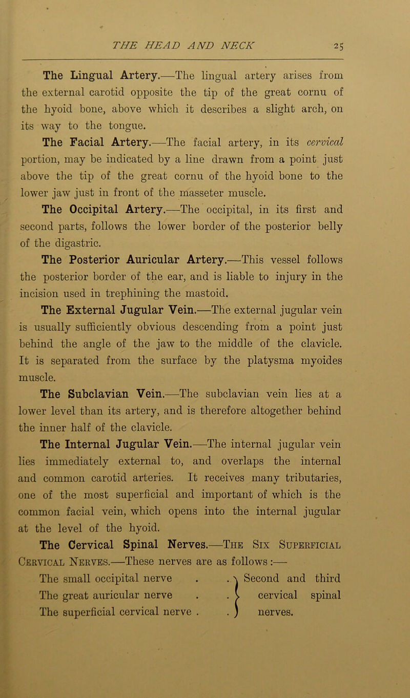 The Lingual Artery.—The lingual artery arises from the external carotid opposite the tip of the great cornu of the hyoid bone, above which it describes a slight arch, on its way to the tongue. The Facial Artery.—The facial artery, in its cervical portion, may be indicated by a line drawn from a point just above the tip of the great cornu of the hyoid bone to the lower jaw just in front of the masseter muscle. The Occipital Artery.—The occipital, in its first and second parts, follows the lower border of the posterior belly of the digastric. The Posterior Auricular Artery.—This vessel follows the posterior border of the ear, and is liable to injury in the incision used in trephining the mastoid. The External Jugular Vein.—The external jugular vein is usually sufficiently obvious descending from a point just behind the angle of the jaw to the middle of the clavicle. It is separated from the surface by the platysma myoides muscle. The Subclavian Vein.—The subclavian vein lies at a lower level than its artery, and is therefore altogether behind the inner half of the clavicle. The Internal Jugular Vein.—The internal jugular vein lies immediately external to, and overlaps the internal and common carotid arteries. It receives many tributaries, one of the most superficial and important of which is the common facial vein, which opens into the internal jugular at the level of the hyoid. The Cervical Spinal Nerves.—The Six Supekficial Cervical Nerves.—These nerves are as follows:— The small occipital nerve The great auricular nerve The superficial cervical nerve . Second and third cervical spinal nerves.