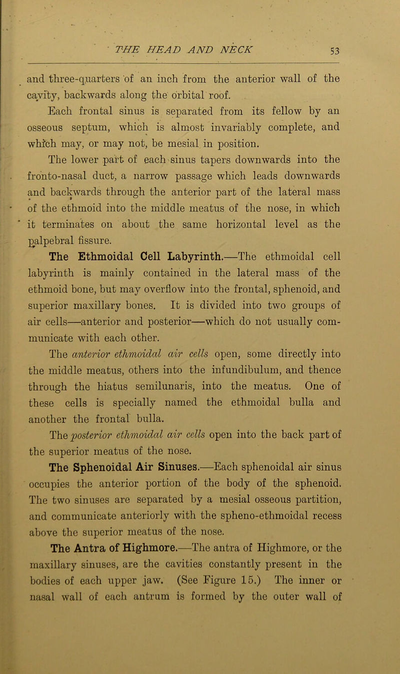 and three-quarters of an inch from the anterior wall of the cavity, backwards along the drbital roof. Each frontal sinus is separated from its fellow by an osseous septum, which is almost invariably complete, and which may, or may not, be mesial in position. The lower part of each'sinus tapers downwards into the fronto-nasal duct, a narrow passage which leads downwards and backwards through the anterior part of the lateral mass of the ethmoid into the middle meatus of the nose, in which it terminates on about the same horizontal level as the palpebral fissure. The Ethmoidal Cell Labyrinth.—The ethmoidal cell labyrinth is mainly contained in the lateral mass of the ethmoid bone, but may overflow into the frontal, sphenoid, and superior maxillary bones. It is divided into two groups of air cells—anterior and posterior—which do not usually com- municate with each other. The anterior ethmoidal air cells open, some directly into the middle meatus, others into the infundibulum, and thence through the hiatus semilunaris, into the meatus. One of these cells is specially named the ethmoidal bulla and another the frontal bulla. The posterior ethmoidal air cells open into the back part of the superior meatus of the nose. The Sphenoidal Air Sinuses.—Each sphenoidal air sinus occupies the anterior portion of the body of the sphenoid. The two sinuses are separated by a mesial osseous partition, and communicate anteriorly with the spheno-ethmoidal recess above the superior meatus of the nose. The Antra of Highmore.—The antra of Highmore, or the maxillary sinuses, are the cavities constantly present in the bodies of each upper jaw. (See Figure 15.) The inner or nasal wall of each antrum is formed by the outer wall of