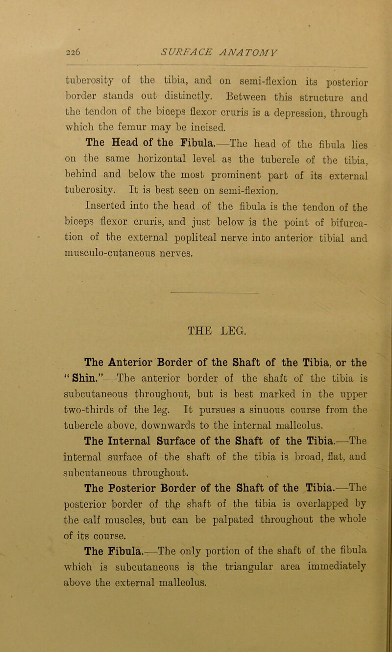 tuberosity of the tibia, and on semi-flexion its posterior border stands out distinctly. Between this structure and the tendon of the biceps flexor cruris is a depression, through whicli the femur may be incised. The Head of the Fibula.—The head of the fibula lies on the same horizontal level as the tubercle of the tibia, behind and below the most prominent part of its external tuberosity. It is best seen on semi-flexion. Inserted into the head of the fibula is the tendon of the biceps flexor cruris, and just below is the point of bifurca- tion of the external popliteal nerve into anterior tibial and musculo-cutaneous nerves. THE LEG. The Anterior Border of the Shaft of the Tibia, or the “ Shin.”—The anterior border of the shaft of the tibia is subcutaneous throughout, but is best marked in the upper two-thirds of the leg. It pursues a sinuous course from the tubercle above, downwards to the internal malleolus. The Internal Surface of the Shaft of the Tibia.—The internal surface of the shaft of the tibia is broad, flat, and subcutaneous throughout. The Posterior Border of the Shaft of the Tibia.—The posterior border of tl\e shaft of the tibia is overlapped by the calf muscles, but can be palpated throughout the whole of its course. The Fibula.-—The only portion of the shaft of the fibula which is subcutaneous is the triangular area immediately above the external malleolus.