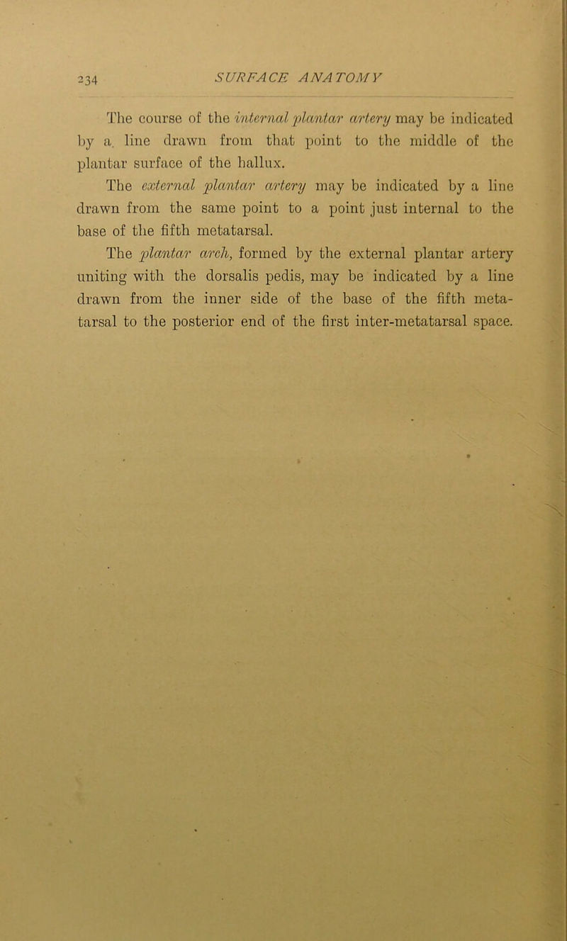 The course of the internal plantar artery may be indicated by a. line drawn from that point to the middle of the plantar surface of the hallux. The external plantar artery may be indicated by a line drawn from the same point to a point just internal to the base of the fifth metatarsal. The plantar arch, formed by the external plantar artery uniting with the dorsalis pedis, may be indicated by a line drawn from the inner side of the base of the fifth meta- tarsal to the posterior end of the first inter-metatarsal space.