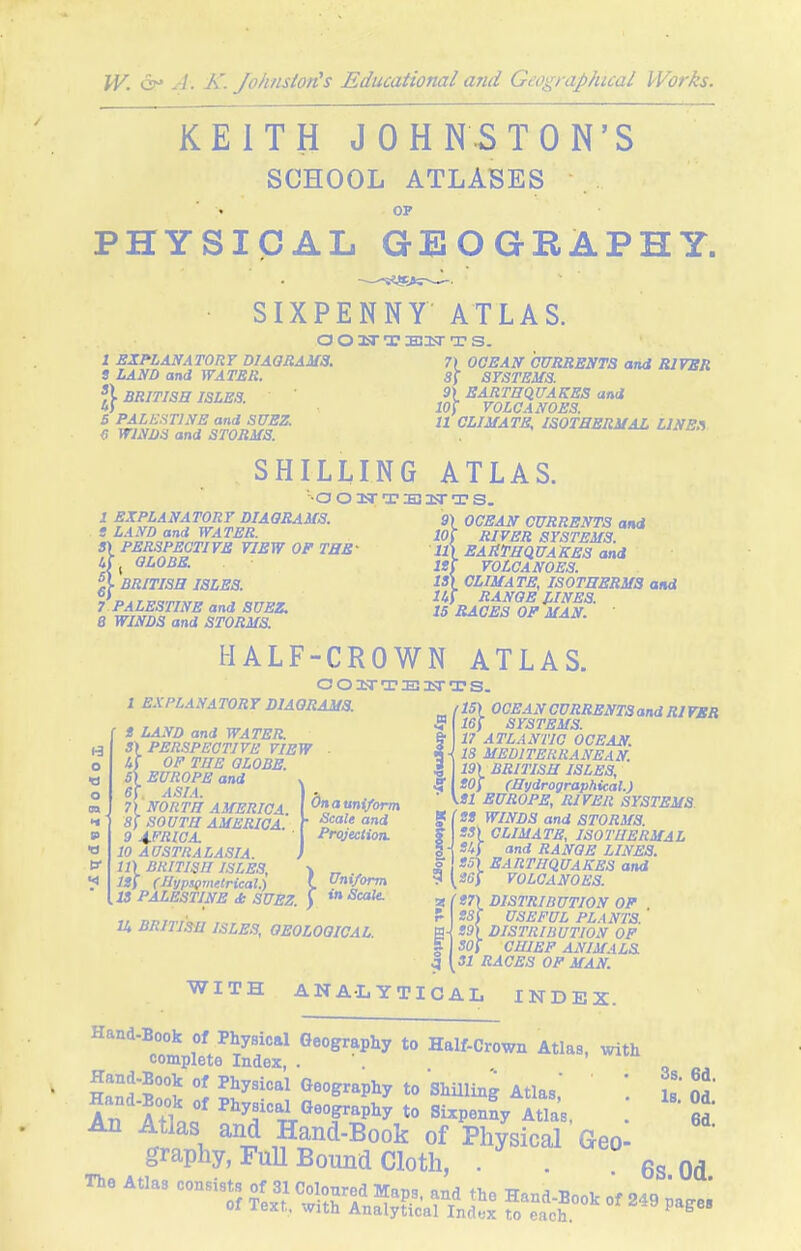 KEITH JOHN-STON'S SCHOOL ATLASES OP PHYSICAL GEOGRAPHY. SIXPENNY ATLAS. o o asr T DEijr t s. 1 EXPLANATORY DIAQRAMS. 7) 0GBAN CURRENTS and JtUVBR S LAND and WATER. 8f SYSTBifS. BRITISH ISLES. ' ll} ^W^Lclm^S ^ I Wl^Sm'and iwRMt ^^'^^^^ ISOTHERMAL lINE.r SHILLING ATLAS. •a o IT a? s 3sr T s. 2 EXPLANATORY DIAQRAMS. 9) OCEAN CURRENTS and . e LAND and WATER. 5) PERSPECTIVE VIEW OF THE t,{ GLOBE. BRITISH ISLES. 5' 7'PALESTINE and SUEZ, e WINDS and STORMS RIVBR SYSTEMS. EARTHQUAKES and VOLCANOES. CLIMA TB, ISOTHERMS and .. RANGE LINES. 15 RACES OB MAN. HALF-CROWN ATLAS. 1 EXPLANATORY DIAGRAMS. Il5\ OCEANCURRENTSandRIVBR f3 o w o on •« p ■d tf << t LAND and WATER. S\ PERSPECTIVE VIEW Ui OP THE GLOBE. 5\ EUROPE and 6f. ASIA 7) NORTH AMERICA. 8{ SOUTH AMERICA. 9 4-fRIGA. 10 AUSTRALASIA. 11\ BRITISH ISLES, Igf (Jlypsgmetrical.) XS PALESTINE <fc SUEZ. On a uniform Scale and Projection. ifi} SYSTEMS. 17 ATLANTIC OCEAN. ■ 18 MEDITERRANEAN. , m BRITISH ISLES, I (Hydrographical.) \tl EUROPE, RIVER SYSTEMS } Uniform in Scale. U BRITISH ISLES, GEOLOGICAL. SS WINDS and STORMS. J5) CLIMATE, ISOTHERMAL SUi and RANGE LINES. t.n EARTHQUAKES and SGi VOLCANOES. t7\ DISTRIBUTION OF SSt USEFUL PLANTS. S9l DISTRIBUTION OF SOf CHIEF ANIMALS 31 RACES OF MAN. WITH ANALYTICAL INDEX. Hand-Book of Physical Geography to Half-crown Atlas, with completa Index, . . . Hand-Book of Physical Geography to ShUling Atlas, Hand-Book of Physical Geography to Sixpenny Atlas, An Atlas and Hand-Book of Physical Geo graphy, FuU Bound Cloth, . . \s yjn ne Atlas -^^^^^^^0^^,^ Ha^Bookof .aiage; 3s. 6d. Is. Od. 6d. 6s. Od.