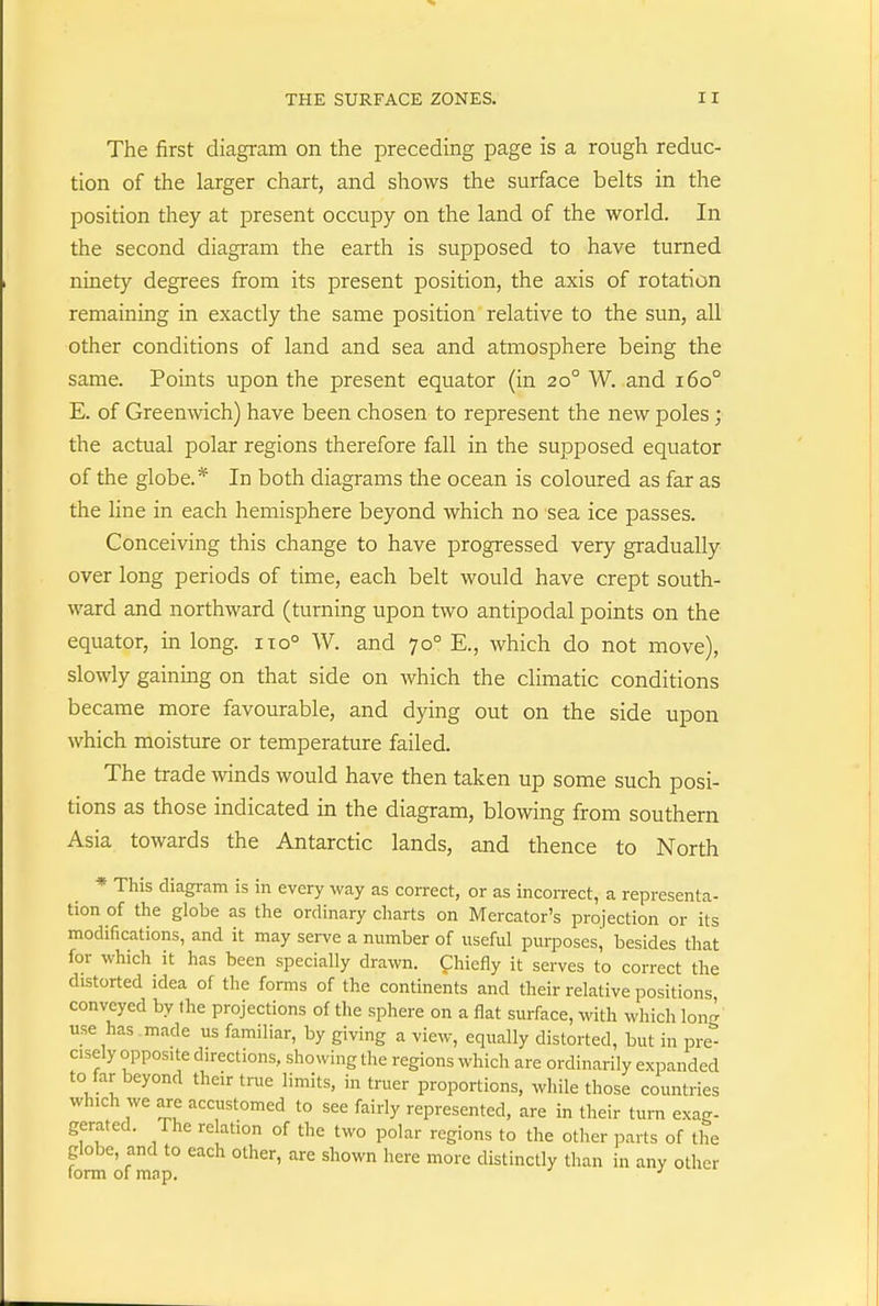 The first diagi-am on the preceding page is a rough reduc- tion of the larger chart, and shows the surface belts in the position they at present occupy on the land of the world. In the second diagram the earth is supposed to have turned ninety degrees from its present position, the axis of rotation remaining in exactly the same position relative to the sun, all other conditions of land and sea and atmosphere being the same. Points upon the present equator (in 20° W. and 160° E. of Greenwich) have been chosen to represent the new poles; the actual polar regions therefore fall in the supposed equator of the globe.* In both diagrams the ocean is coloured as far as the line in each hemisphere beyond which no sea ice passes. Conceiving this change to have progressed very gradually over long periods of time, each belt would have crept south- ward and northward (turning upon two antipodal points on the equator, in long. ito° W. and 70° E., which do not move), slowly gaining on that side on which the climatic conditions became more favourable, and dying out on the side upon which moisture or temperature failed. The trade winds would have then taken up some such posi- tions as those indicated in the diagram, blowing from southern Asia towards the Antarctic lands, and thence to North * This diagram is in every way as correct, or as incorrect, a representa- tion of the globe as the ordinary charts on Mercator's projection or its modifications, and it may serve a number of useful purposes^ besides that for which it has been specially drawn. Chiefly it serves to correct the distorted idea of the forms of the continents and their relative positions conveyed by the projections of the sphere on a flat surface, with which lon^' use has made us familiar, by giving a view, equally distorted, but in pre'^ cisely opposite directions, showing the regions which are ordinarily expanded to far beyond their true limits, in truer proportions, while those countries which we are accustomed to see fairly represented, are in their turn exag- gerated. The re ation of the two polar regions to the other parts of the globe, and to each other, are shown here more distinctly than in any other lorm of map. ^