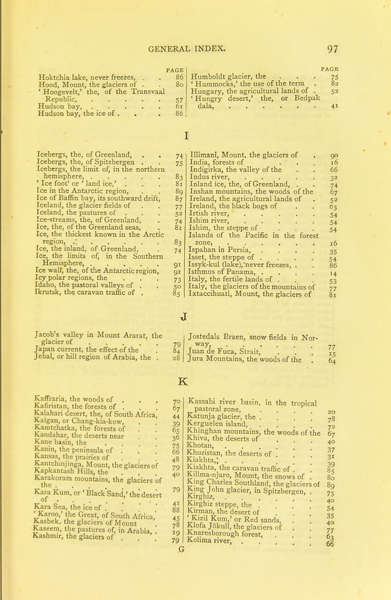 PAGE Hoktchia lake, never freezes, . . 86 Hood, Mount, the glaciers of . . 80 ' Hoogevelt,' the, of the Transvaal Republic, 57 Hudson bay, 61 Hudson bay, the ice of. . . 86 PAGE Humboldt glacier, the . . . 75 ' Hummocks,' the use of the term . 82 Hungary, the agricultural lands of . 52 'Hungry desert,' the, or BedpaTi dala, 41 Icebergs, the, of Greenland, . . 74 Icebergs, the, of Spitzbergen . . 75 Icebergs, the limit of, in the northern hemisphere, 83 ' Ice foot* or ' land ice,' ... 81 Ice in the Antarctic region, . . 89 Ice of Baffin bay, its southward drift, 87 Iceland, the glacier fields of . . 77 Iceland, the pastures of . . . 52 Ice-streams, the, of Greenland, . 74 Ice, the, of the Greenland seas, . 81 Ice, the thickest known in the Arctic region, .; 83 Ice, the inland, of Greenland, . 74 Ice, the limits of, in the Southern Hemisphere, gi Ice wall, the, of the Antarctic region, gi Icy polar regions, the ... 73 Idaho, the pastoral valleys of . . 50 Ikrutsk, the caravan traffic of . 85 IlHmani, Mount, the glaciers of India, forests of ... Indigirka, the valley of the Indus river, ..... Inland ice, the, of Greenland, . Inshan mountains, the woods of the Ireland, the agricultural lands of Ireland, the black bogs of Irtish river, Ishim river, Ishim, the steppe of Islands of the Pacific in the zone, .... Ispahan in Persia, Isset, the steppe of . Issyk-kul (lake),'never freezes. Isthmus of Panama, . Italy, the fertile lands of . Italy, the glaciers of the mountains of Ixtaccihuatl, Mount, the glaciers of forest go 16 66 32 74 67 52 63 54 54 54 16 35 54 86 14 53 77 81 Jacob's valley in Mount Ararat, the glacier of Japan current, the effect of the Jebal, or hill region of Arabia, the . ijostedals Braen, snow fields in Nor- way, Juan de Fuca, Strait, Jura Mountains, the woods of the '. 77 IS 64 K Kaffraria, the woods of . Kafiristan, the forests of . Kalahari desert, the, of South Africaj Kalgan, or Chang-kia-kow, Kamtchatka. the forests of Kandahar, the deserts near Kane basin, the ■ . . . Kanin, the peninsula of . Kansas, the prairies of . . ' Kantchinjinga, Mount, the glaciers of Kapkantash Hills, the . . . Karakoram mountains, the glaciers of the Kara Kum, or ' Black'Sand',' the desert of • . . . Kara Sea, the ice of .' 'Karoo,' the Great, of South Africa,' Kasbek, the glaciers of Mount Kaseem, the pastures of, in Arabia, . Kashmir, the glaciers of . 70 67 44 39 65 36 75 66 48 79 40 79 41 88 45 78 19 79 Kassabi river basin, in the tropical pastoral zone, .... Katunja glacier, the ■ . . . Kerguelen island, ■ . . . Khinghan mountains, the woods of the Khiva, the deserts of . . . Khotan, Khuzistan, the deserts of ! Kiakhta,; Kiakhta, the caravan traffic of ' KiUma-njaro, Mount, the snows of .' King Charles Southland, the glaciers of King John glacier, in Spitzbergen, . Kirghiz, . Kirghiz steppe, the . Kirman, the desert of ' Kizil Kum,' or Red sands, Klofa jakull, the glaciers of Knaresborough forest, Kolima river, . 20 78 72 67 40 37 31 39 85 80 89 7S 40 54 35 40 II 66