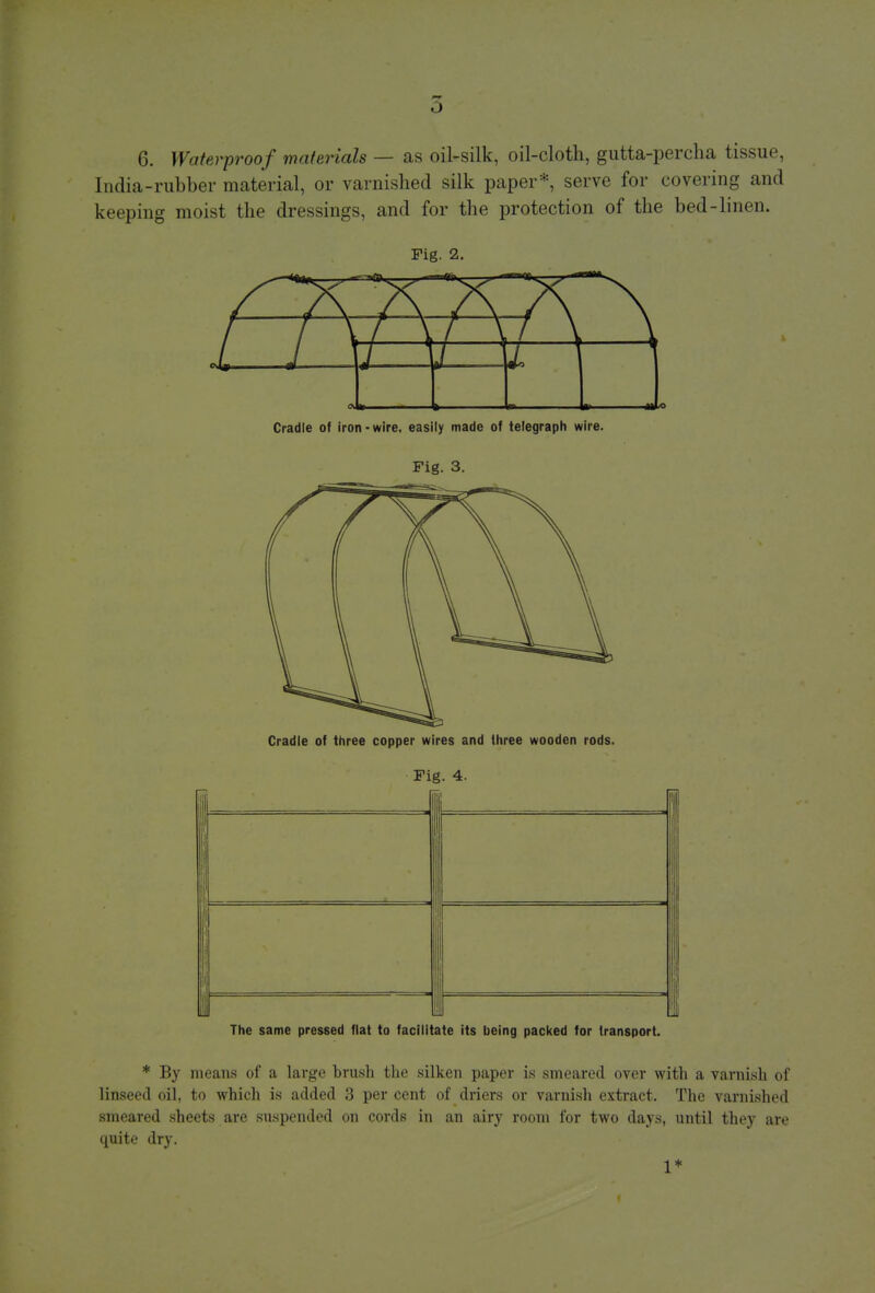 6. Waterproof materials — as oil-silk, oil-cloth, gutta-percha tissue, India-rubber material, or varnished silk paper*, serve for covering and keeping moist the dressings, and for the protection of the bed-linen. Fig. 2. Cradle of iron-wire, easily made of telegraph wire. Fig. 3. Cradle of three copper wires and three wooden rods. Fig. 4. The same pressed flat to facilitate its being packed for transport. * By means of a large brush the silken paper is smeared over with a varnish of linseed oil, to which is added 3 per cent of driers or varnish extract. The varnished smeared sheets are suspended on cords in an airy room for two days, until they are quite dry. 1*