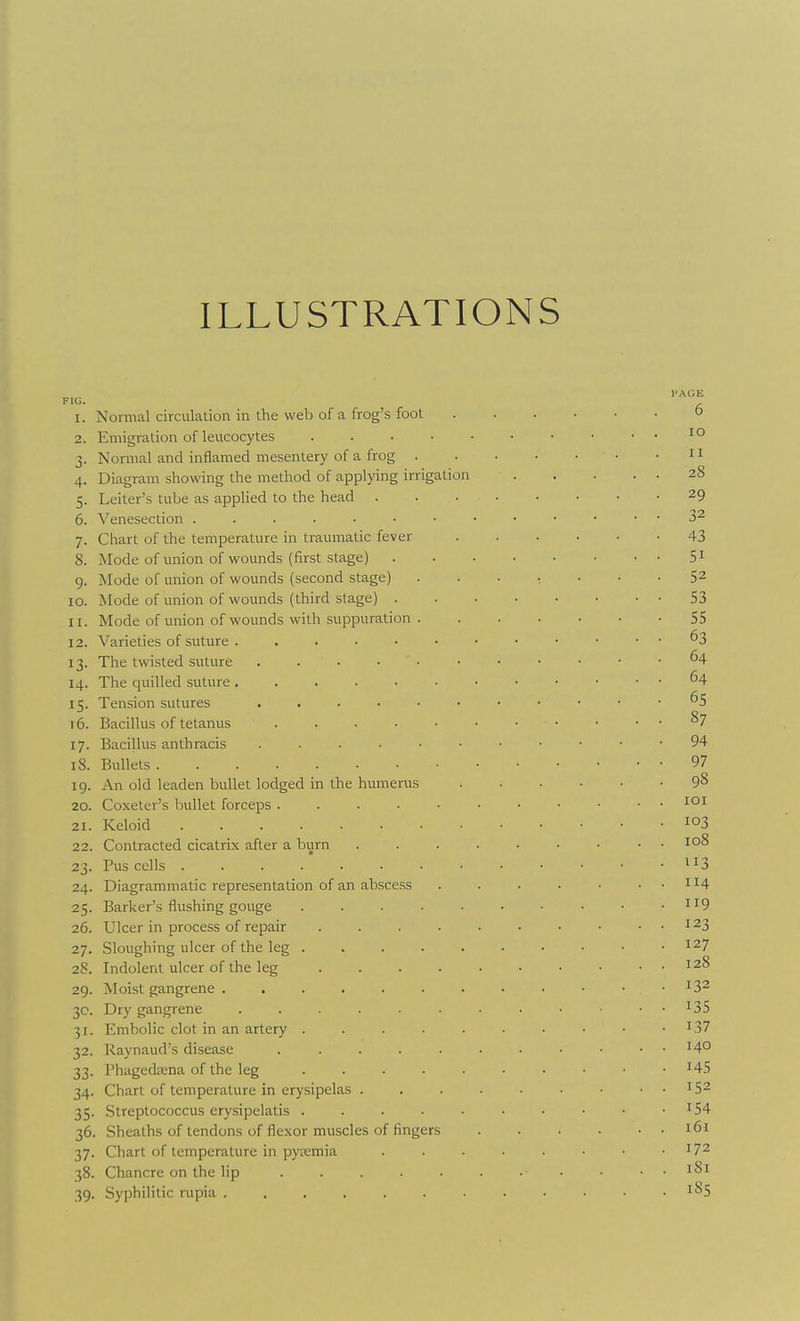 ILLUSTRATIONS 1. Normal circulaiion in the web of a frog's foot o 2. Eiiiigration of leucocytes 1° 3. Nomml and inflamed mesentery of a frog • .11 4. Diagram showing the method of applying irrigation 28 5. Leiter's tube as applied to the head 29 6. Venesection 3^ 7. Chart of the temperature in traumatic fever 43 8. Mode of union of wounds (first stage) 5i 9. Mode of union of wounds (second stage) ....... 52 10. Mode of union of wounds (third stage) S3 11. Mode of union of wounds with suppuration 55 12. Varieties of suture .... 63 13. The twisted suture ^4 14. The quilled suture ^4 15. Tension sutures . . . . 65 16. Bacillus of tetanus ^7 17. Bacillus anthracis 94 18. Bullets 97 19. An old leaden bullet lodged in the humerus 9^ 20. Coxeter's bullet forceps 21. Keloid 103 22. Contracted cicatrix after a burn . . . . • • • . . 108 23. Pus cells . . . . . . • • • • • • •'^13 24. Diagrammatic representation of an abscess . . . • • . . 114 25. Barker's flushing gouge 1^9 26. Ulcer in process of repair . . . . • • • • . . 123 27. Sloughing ulcer of the leg . . . . . • • • • .127 28. Indolent ulcer of the leg . . . . ■ • • • . . 128 29. Moist gangrene . . . . . . . • • • • -132 3c. Dry gangrene I3S 31. Embolic clot in an artery . . . . . ■ • • • -137 32. Raynaud's disease . . . . . • • • • . . 140 33. Phagediena of the leg HS 34. Chart of temperature in erysipelas . . . . . • • . . 152 35. Streptococcus erysipelatis . . . . • • • • • -154 36. Sheaths of tendons of flexor muscles of fingers i6i 37. Chart of temperature in pyremia . . . . . • • .172 38. Chancre on the lip 181 39. Syphilitic rupia . , . . . . . . ■ • • -1^5