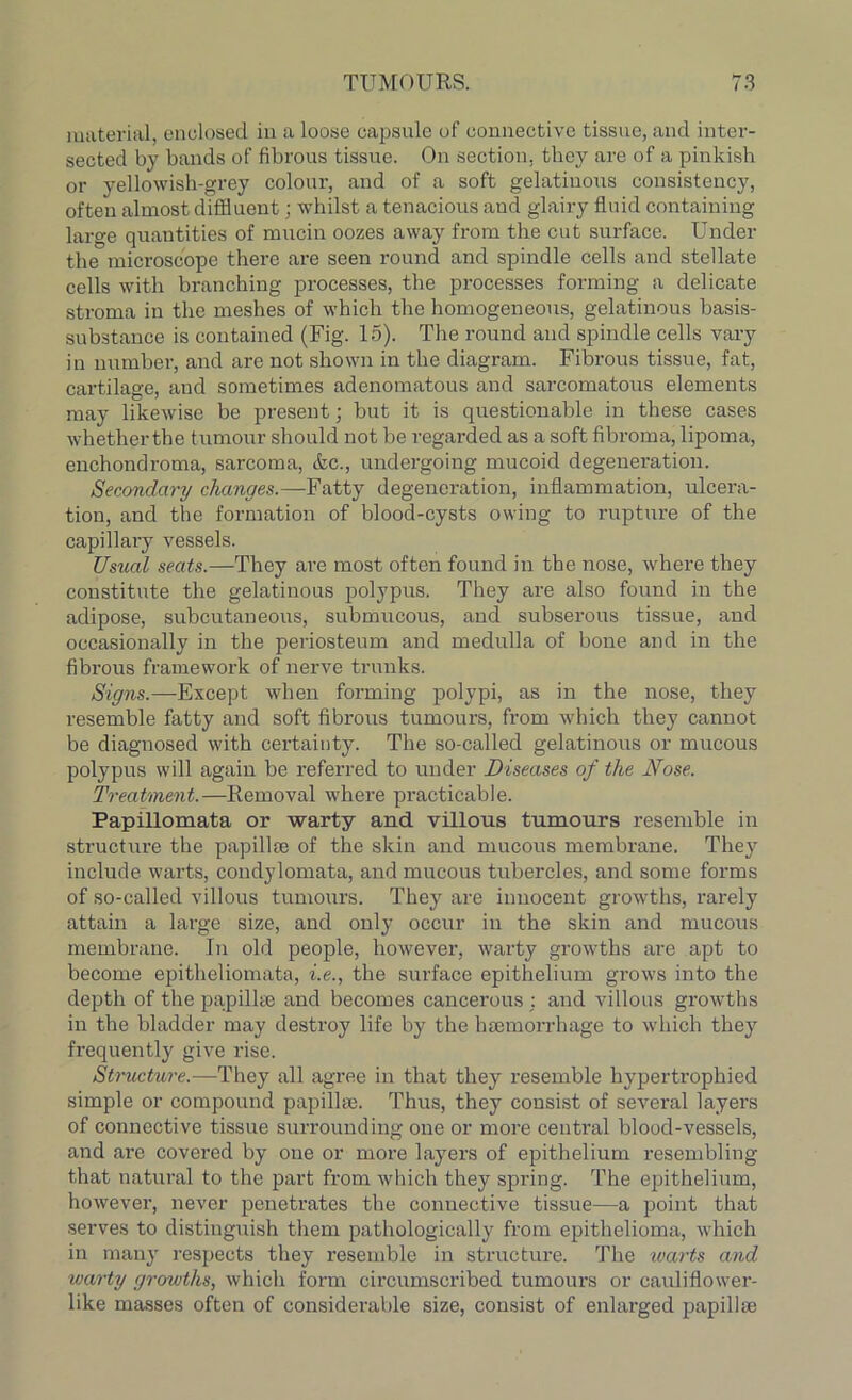 material, enclosed in a loose capsule of connective tissue, and inter- sected by bands of fibrous tissue. On section, they are of a pinkish or yellowish-grey colour, and of a soft gelatinous consistency, often almost diffluent; whilst a tenacious aud glairy fluid containing large quantities of mucin oozes away from the cut surface. Under the microscope there are seen round and spindle cells and stellate cells with branching processes, the processes forming a delicate stroma in the meshes of which the homogeneous, gelatinous basis- substance is contained (Fig. 15). The round and spindle cells vary in number, and are not shown in the diagram. Fibrous tissue, fat, cartilage, and sometimes adenomatous and sarcomatous elements may likewise be present; but it is questionable in these cases whetherthe tumour should not be regarded as a soft fibroma, lipoma, enchondroma, sarcoma, &c., undergoing mucoid degeneration. Secondary changes.—Fatty degeneration, inflammation, ulcera- tion, and the formation of blood-cysts owing to rupture of the capillary vessels. Usual seats.—They are most often found in the nose, where they constitute the gelatinous polypus. They are also found in the adipose, subcutaneous, submucous, and subserous tissue, and occasionally in the periosteum and medulla of bone and in the fibrous framework of nerve trunks. Signs.—Except when forming polypi, as in the nose, they resemble fatty and soft fibrous tumours, from which they cannot be diagnosed with certainty. The so-called gelatinous or mucous polypus will again be referred to under Diseases of the Nose. Treatment.—Removal where practicable. Papillomata or warty and villous tumours resemble in structui’e the papillae of the skin and mucous membrane. They include warts, condylomata, and mucous tubercles, and some forms of so-called villous tumours. They are innocent growths, rarely attain a large size, and only occur in the skin and mucous membrane. In old people, however, warty growths are apt to become epitheliomata, i.e., the surface epithelium grows into the depth of the papillae and becomes cancerous: and villous growths in the bladder may destroy life by the haemorrhage to which they frequently give rise. Structure.—They all agree in that they resemble hypertrophied simple or compound papillae. Thus, they consist of several layers of connective tissue surrounding one or more central blood-vessels, and ai-e covered by one or more layers of epithelium resembling that natural to the part from which they spring. The epithelium, however, never penetrates the connective tissue—a point that serves to distinguish them pathologically from epitheliomax, which in many respects they resemble in structure. The warts and warty growths, which form circumscribed tumours or cauliflower- like masses often of considerable size, consist of enlarged papillae