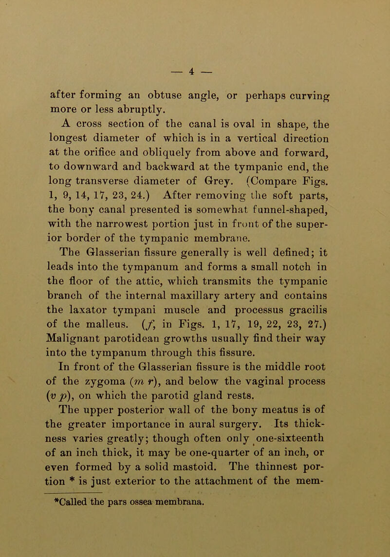 after forming an obtuse angle, or perhaps curving more or less abruptly. A cross section of the canal is oval in shape, the longest diameter of which is in a vertical direction at the orifice and obliquely from above and forward, to downward and backward at the tympanic end, the long transverse diameter of Grey. (Compare Figs. 1, 9, 14, 17, 23, 24.) After removing the soft parts, the bony canal presented is somewhat funnel-shaped, with the narrowest portion just in front of the super- ior border of the tympanic membrane. The Glasserian fissure generally is well defined; it leads into the tympanum and forms a small notch in the floor of the attic, which transmits the tympanic branch of the internal maxillary artery and contains the laxator tympani muscle and processus gracilis of the malleus, (f, in Figs. 1, 17, 19, 22, 23, 27.) Malignant parotidean growths usually find their way into the tympanum through this fissure. In front of the Glasserian fissure is the middle root of the zygoma (m r), and below the vaginal process (v p), on which the parotid gland rests. The upper posterior wall of the bony meatus is of the greater importance in aural surgery. Its thick- ness varies greatly; though often only one-sixteenth of an inch thick, it may be one-quarter of an inch, or even formed by a solid mastoid. The thinnest por- tion * is just exterior to the attachment of the mem- *Called the pars ossea membrana.