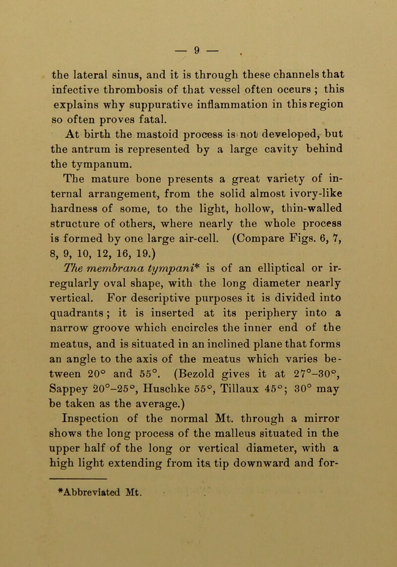the lateral sinus, and it is through these channels that infective thrombosis of that vessel often occurs ; this explains why suppurative inflammation in this region so often proves fatal. At birth the mastoid process is not developed, but the antrum is represented by a large cavity behind the tympanum. The mature bone presents a great variety of in- ternal arrangement, from the solid almost ivory-like hardness of some, to the light, hollow, thin-walled structure of others, where nearly the whole process is formed by one large air-cell. (Compare Figs. 6, 7, 8, 9, 10, 12, 16, 19.) The membrana tympani* is of an elliptical or ir- regularly oval shape, with the long diameter nearly vertical. For descriptive purposes it is divided into quadrants; it is inserted at its periphery into a narrow groove which encircles the inner end of the meatus, and is situated in an inclined plane that forms an angle to the axis of the meatus which varies be- tween 20° and 55°. (Bezold gives it at 2'7°-30°, Sappey 20°-25°, Huschke 55°, Tillaux 45°; 30° may be taken as the average.) Inspection of the normal Mt. through a mirror shows the long process of the malleus situated in the upper half of the long or vertical diameter, with a high light extending from its tip downward and for- * Abbreviated Mt.