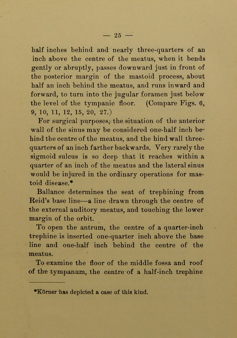 half inches behind and nearly three-quarters of an inch above the centre of the meatus, when it bends gently or abruptly, passes downward just in front of the posterior margin of the mastoid process, about half an inch behind the meatus, and runs inward and forward, to turn into the jugular foramen just below the level of the tympanic floor. (Compare Figs. 6, 9, 10, 11, 12, 15, 20, 27.) For surgical purposes,- the situation of the anterior wall of the sinus may be considered one-half inch be- hind the centre of the meatus, and the hind wall three- quarters of an inch farther backwards. Very rarely the sigmoid sulcus is so deep that it reaches within a quarter of an inch of the meatus and the lateral sinus would be injured in the ordinary operations for mas- toid disease.* Ballance determines the seat of trephining from Reid’s base line—a line drawn through the centre of the external auditory meatus, and touching the lower margin of the orbit. To open the antrum, the centre of a quarter-inch trephine is inserted one-quarter inch above the base line and one-half inch behind the centre of the meatus. To examine the floor of the middle fossa and roof of the tympanum, the centre of a half-inch trephine *K5rner has depicted a case of this kind.