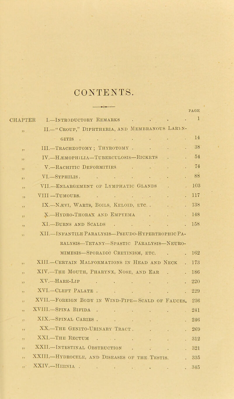 CONTENTS CHAPTER I.—Introductory Remarks . ■ „ II.—“Croup,” Diphtheria, and Membranous Laryn- gitis ...•••■ „ III.—Tracheotomy ; Thyrotomy . „ IY.—Hemophilia—Tuberculosis—Rickets „ V.—Rachitic Deformities . ,, YI.—Syphilis. ...... ,, VII—Enlargement of Lymphatic Glands „ VIII —Tumours. ...... „ IX.—NiEvi, Warts, Boils, Keloid, etc. . „ —Hydro-Thorax and Empyema „ XI.—Burns and Scalds . „ XII.—Infantile Paralysis—Pseudo-Hypertrophic Pa- ralysis—Tetany—Spastic Paralysis—Neuro- mimesis—Sporadic Cretinism, etc. „ XIII.—Certain Malformations in Head and Neck „ XIV.—The Mouth, Pharynx, Nose, and Ear „ XV.—Hare-Lip ...... „ XVI.—Cleft Palate ...... XVII.—Foreign Body in Wind-Pipe—Scald of Fauces. XVIII.—Spina Bifida ..... XIX.—Spinal Caries .... XX.—The Genito-Urinary Tract . „ XXI.—The Rectum ... „ XXII.—Intestinal Obstruction ,, XXIII.—Hydrocele, and Diseases of the Testis. „■ XXIV.—Hernia ..... PAGE 1 14 38 54 74 88 103 117 138 148 158 162 173 186 220 221) 236 241 246 261) 312 321 335 345