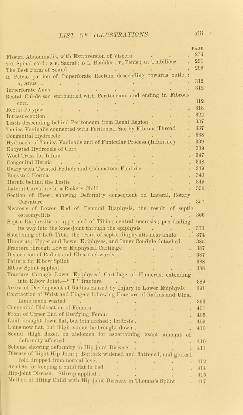 Fissura Abclominalis, with Extroversion of Viscera s c, Spinal corcl; s p, Sacral; B l, Bladder; p, Penis ; u, Umbilicus The Best Form of Sound .••••• B, Pelvic portion of Imperforate Rectum descending towards outlet A, Anus Imperforate Anus ...••• Rectal Cul-de-sac surrounded with Peritoneum, and ending in Fibrous cord Rectal Polypus ...... Intussusception ...... Testis descending behind Peritoneum from Renal Region . Tunica Vaginalis connected with Peritoneal Sac by Fibrous Thread Congenital Hydrocele ....... Hydrocele of Tunica Vaginalis and of Funicular Process (Infantile) Encysted Hydrocele of Cord .... Wool Truss for Infant ..... Congenital Hernia ........ Ovary with Twisted Pedicle and (Edematous Fimbria; Encysted Hernia ........ Hernia behind the Testis ....... Lateral Curvature in a Rickety Child ..... Section of Chest, showing Deformity consequent on Lateral, Rotary Curvature ........ Necrosis of Lower End of Femoral Diaphysis, the result of septic osteomyelitis ........ Septic Diaphysitis at upper end of Tibia ; central necrosis ; pus finding its way into the knee-joint through the epiphysis Shortening of Left Tibia, the result of septic diaphysitis near ankle Humerus; Upper and Lower Epiphyses, and Inner Condyle detached Fracture through Lower Epiphyseal Cartilage .... Dislocation of Radius and Ulna backwards ..... Pattern for Elbow Splint ....... Elbow Splint applied ........ Fracture through Lower Epiphyseal Cartilage of Humerus, extending into Elbow Joint.—“ T ” fracture ..... Arrest of Development of Radius caused by Injury to Lower Epiphysis . Contraction of Wrist and Fingers following Fracture of Radius and Ulna. Limb much wasted ....... Congenital Dislocation of Femora ...... Front of Upper End of Ossifying Femur . ... . Limb brought down flat, but loin arched; lordosis .... Loins now flat, but thigh cannot be brought down .... Sound thigh flexed on abdomen for ascertaining exact amount of deformity affected . . . . . . ' Scheme showing deformity in Hip-joint Disease .... Disease of Right Hip Joint; Buttock widened and flattened, and gluteal fold dropped from normal level... Armlets for keeping a child flat in bed ..... Hip-joint Disease. Stirrup applied ...... Method of lifting Child with Hip-joint Disease, in Thomas’s Splint PAGE 276 291 299 312 312 312 318 322 337 337 338 339 339 347 348 349 349 349 356 357 366 373 374 385 387 387 388 388 389 391 393 401 405 409 410 410 411 412 414 415 417