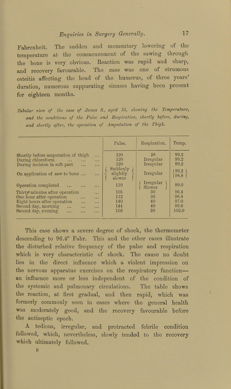 Fahrenheit. The sudden and momentary lowering of the temperature at the commencement of the sawing through the hone is very obvious. Reaction was rapid and sharp, and recovery favourable. The case was one of strumous osteitis affecting the head of the humerus, of three years5 duration, numerous suppurating sinuses having been present for eighteen months. Tabular view of the case of James S., aged 35, showing the Temperature, and the conditions of the Pulse and Respiration, shortly before, during, and shortly after, the operation of Amputation of the Thigh. Shortly before amputation of thigh During chloroform During incision in soft part On application of saw to bone ... Operation completed Thirty minutes after operation One hour after operation Eight horns after operation Second day, morning Second day, evening Pulse. Respiration. Temp. 120 28 99.2 120 Irregular 99.2 120 Irregular 99.2 [ Suddenly ] 4 slightly t Irregular f 99.2 ) (98.8 } ( slower j 110 f Irregular ) ( Slower j 99.0 105 30 96.4 112 36 96.8 140 40 97.0 144 40 99.6 156 3S 102.0 This case shows a severe degree of shock, the thermometer descending to 96.4° Fahr. This and the other cases illustrate the disturbed relative frequency of the pulse and respiration which is very characteristic of shock. The cause no doubt lies in the direct influence which a violent impression on the nervous apparatus exercises on the respiratory function— an influence more or less independent of the condition of the systemic and pulmonary circulations. The table shows the reaction, at first gradual, and then rapid, which was formerly commonly seen in cases where the general health was moderately good, and the recovery favourable before the antiseptic epoch. A tedious, irregular, and protracted febrile condition followed, which, nevertheless, slowly tended to the recovery which ultimately followed. B