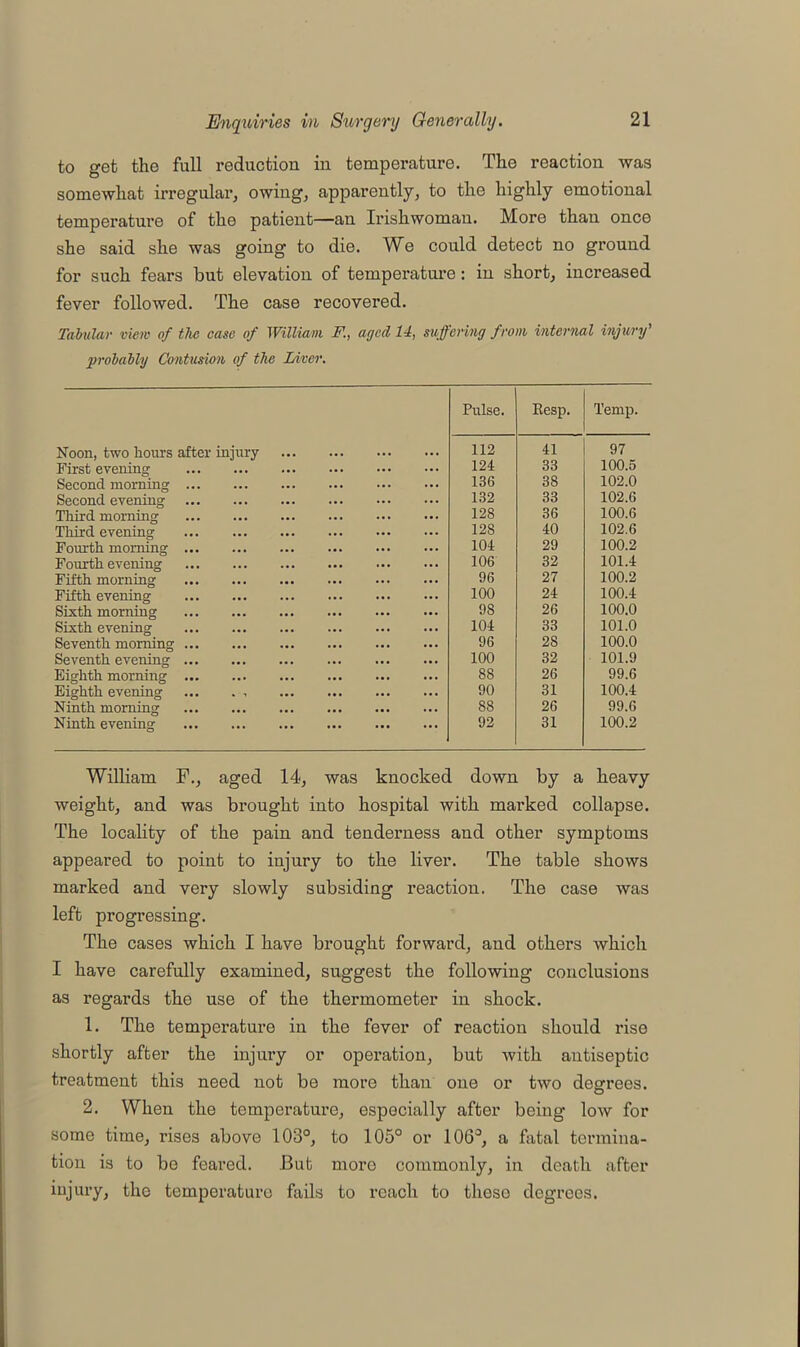 to get the full reduction in temperature. The reaction was somewhat irregular, owing, apparently, to the highly emotional temperature of the patient—an Irishwoman. More than once she said she was going to die. We could detect no ground for such fears but elevation of temperature: in short, increased fever followed. The case recovered. Tabular vie?v of the case of William F., aged 14, suffering from internal injury' probably Contusion of the Liver. Pulse. Resp. Temp. Noon, two hours after injury 112 41 97 First evening 124 33 100.5 Second morning 136 38 102.0 Second evening 132 33 102.6 Third morning 128 36 100.6 Third evening 128 40 102.6 Fourth morning 104 29 100.2 Fourth evening 106 32 101.4 Fifth morning 96 27 100.2 Fifth evening 100 24 100.4 Sixth morning 98 26 100.0 Sixth evening 104 33 101.0 Seventh morning 96 28 100.0 Seventh evening 100 32 101.9 Eighth morning 88 26 99.6 Eighth evening ... . , 90 31 100.4 Ninth morning 88 26 99.6 Ninth evening 92 31 100.2 William F., aged 14, was knocked down by a heavy weight, and was brought into hospital with marked collapse. The locality of the pain and tenderness and other symptoms appeared to point to injury to the liver. The table shows marked and very slowly subsiding reaction. The case was left progressing. The cases which I have brought forward, and others which I have carefully examined, suggest the following conclusions as regards the use of the thermometer in shock. 1. The temperature in the fever of reaction should rise shortly after the injury or operation, but with antiseptic treatment this need not be more than one or two degrees. 2. When the temperature, especially after being low for some time, rises above 103°, to 105° or 106°, a fatal termina- tion is to be feared. But moro commonly, in death after injury, the temperature fails to reach to these degrees.