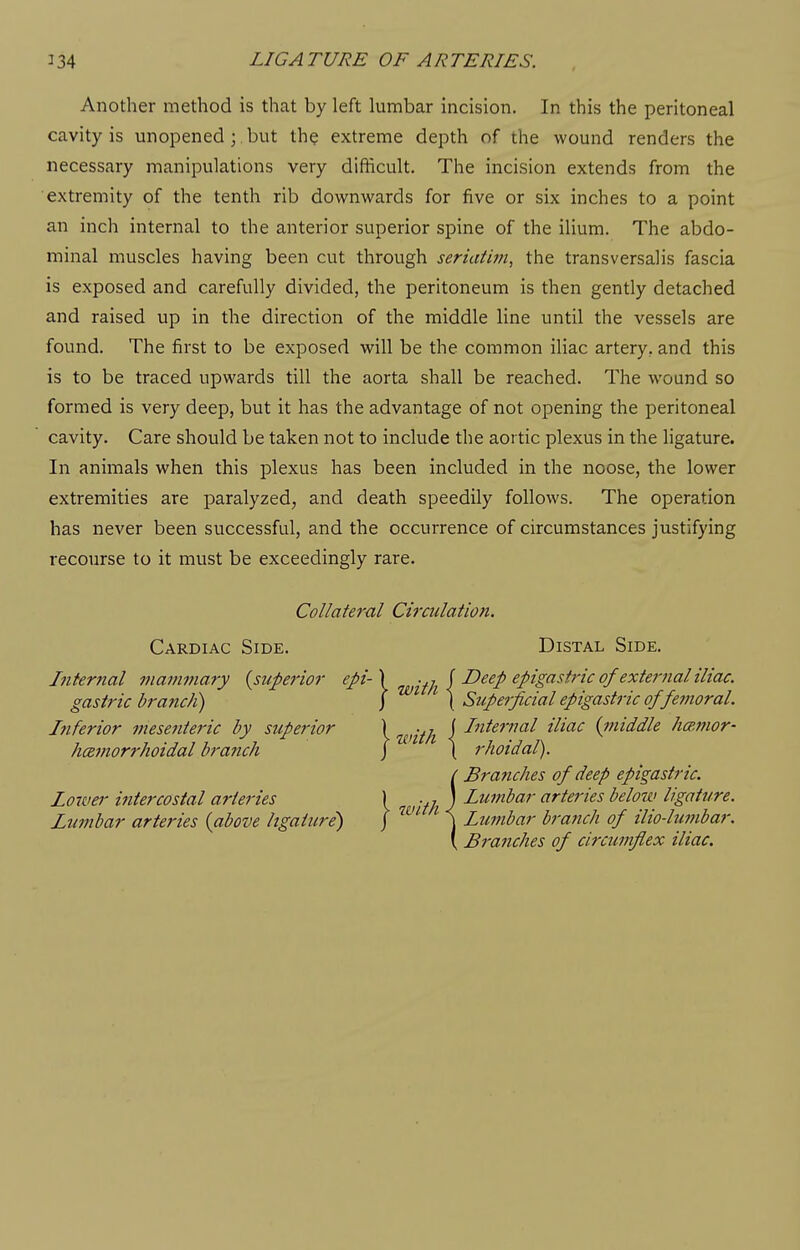 Another method is that by left lumbar incision. In this the peritoneal cavity is unopened ; but the extreme depth of the wound renders the necessary manipulations very difficult. The incision extends from the extremity of the tenth rib downwards for five or six inches to a point an inch internal to the anterior superior spine of the ilium. The abdo- minal muscles having been cut through seriat'un, the transversalis fascia is exposed and carefully divided, the peritoneum is then gently detached and raised up in the direction of the middle line until the vessels are found. The first to be exposed will be the common iliac artery, and this is to be traced upwards till the aorta shall be reached. The wound so formed is very deep, but it has the advantage of not opening the peritoneal cavity. Care should be taken not to include the aortic plexus in the ligature. In animals when this plexus has been included in the noose, the lower extremities are paralyzed, and death speedily follows. The operation has never been successful, and the occurrence of circumstances justifying recourse to it must be exceedingly rare. Internal mammary {superior epi- \ -^j^ f Deep epigastric of external iliac. gastric branch) J ) Supeifcial epigastric of femoral. Inferior mesenteric by superior ) rtl \ internal iliac {iniddle Jmmor- Ltimbar arteries {above hgature) ) \ Lumbar branch of ilio-lumbar. Collateral Circulation. Cardiac Side. Distal Side. Lowei' intercostal arteries