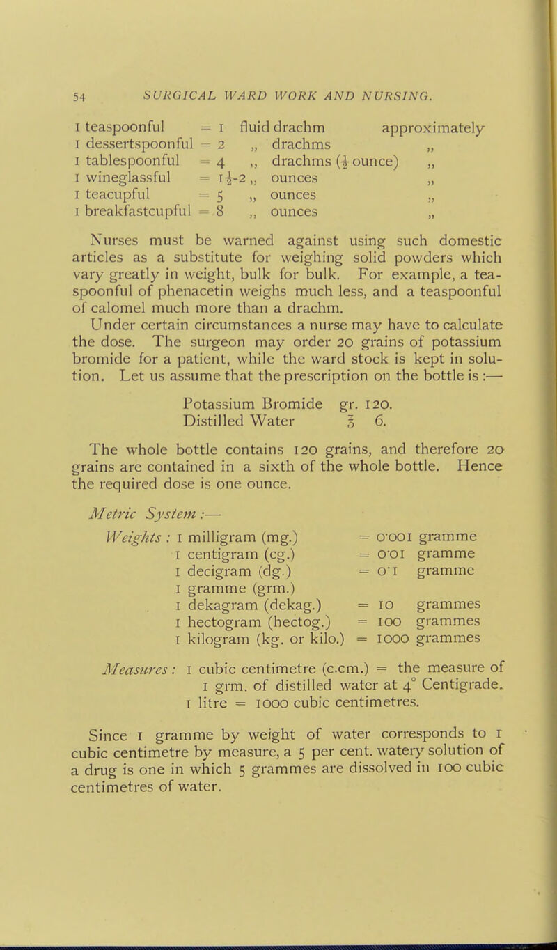 I teaspoon fill I dessertspoonful I tablespoonful I wineglassful I teacupful I breakfastcupful 1 fluid drachm 2 „ drachms 4 drachms ounce) 1-^-2 „ ounces 5 „ ounces 8 ,, ounces approximately Nurses must be warned against using such domestic articles as a substitute for weighing solid powders which vary greatly in weight, bulk for bulk. For example, a tea- spoonful of phenacetin weighs much less, and a teaspoonful of calomel much more than a drachm. Under certain circumstances a nurse may have to calculate the dose. The surgeon may order 20 grains of potassium bromide for a patient, while the ward stock is kept in solu- tion. Let us assume that the prescription on the bottle is :— Potassium Bromide Distilled Water 120. 6. The whole bottle contains 120 grains, and therefore 20 grains are contained in a sixth of the whole bottle. Hence the required dose is one ounce. 0001 gramme O'OI gramme 01 gramme 10 100 1000 grammes grammes grammes Metric System:— Weights : i milligram (mg.) I centigram (eg.) I decigram (dg.) I gramme (grm.) I dekagram (dekag.) I hectogram (hectog.) I kilogram (kg. or kilo.) Measures: i cubic centimetre (ccm.) = the measure of I grm. of distilled water at 4° Centigrade. I litre = 1000 cubic centimetres. Since i gramme by weight of water corresponds to r cubic centimetre by measure, a 5 per cent, watery solution of a drug is one in which 5 grammes are dissolved in 100 cubic centimetres of water.