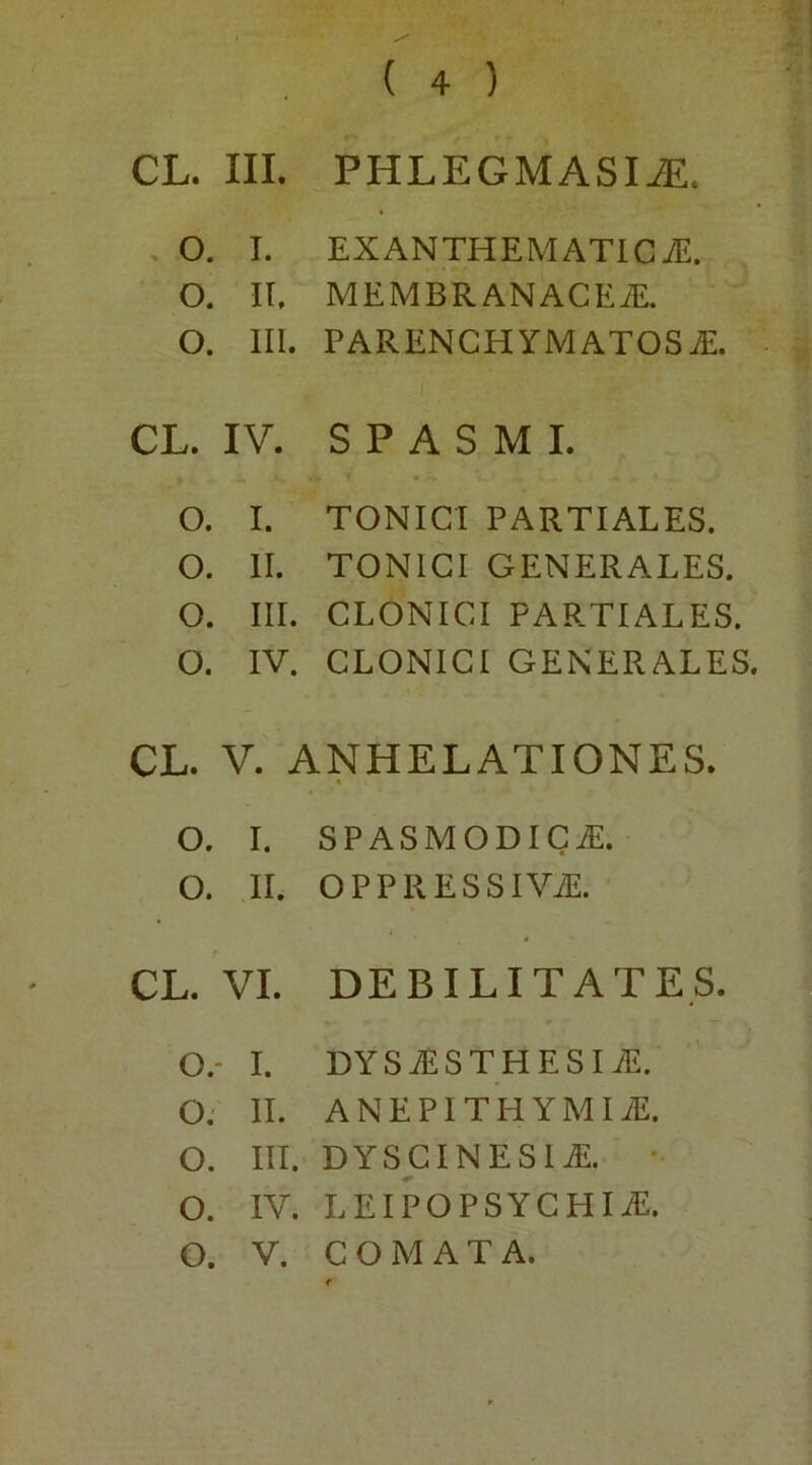 CL. III. PHLEGMASIiE. o. I. EXANTHEMATICA. o. II. MEMBRANACEA. o. 111. PARENCHYMATOSA. CL. IV. SPASMI. o. i. TONICI PARTIALES. o. u. TON1CI GENERALES. o. iii. CLONICI PARTIALES. o. IV. CLONICI GENERALES, CL. V. ANHELATIONES. « o. I. SPASMODICA. o. II. OPPRESSIVA. CL. VI. DEBILITATES. o.- I. DYSASTHESI A. o. II. ANEPITHYMIA. o. III. DYSCINES1A. o. IV. LEIPOPSYCHIiE. o. V. COMATA.