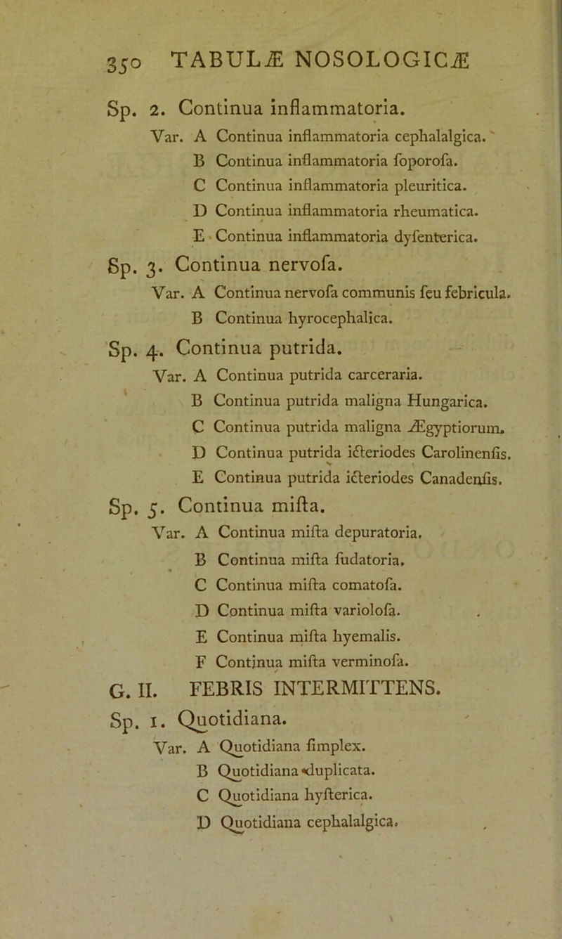 Sp. 2. Continua inflammatoria. Var. A Continua inflammatoria cephalalgica. B Continua inflammatoria foporofa. C Continua inflammatoria pleuritica. D Continua inflammatoria rheumatica. E Continua inflammatoria dyfenterica. Sp. 3. Continua nervofa. Var. A Continua nervofa communis feu febricula. B Continua hyrocephalica. Sp. 4. Continua putrida. Var. A Continua putrida carceraria. B Continua putrida maligna Hungarica. C Continua putrida maligna Aegyptiorum. D Continua putrida i<fteriodes Carolinenfis. E Continua putrida icteriodes Canadenfis. Sp. 5. Continua mifta. Var. A Continua mifta depuratoria. B Continua mifta fudatoria, C Continua mifta comatofa. D Continua mifta variolofa. E Continua mifta hyemalis. F Continua mifta verminofa. G. II. FEBRIS INTERMITTENS. Sp. 1. Quotidiana. Var. A Quotidiana flmplex. B Quotidiana «duplicata. C Quotidiana hyfterica. D Quotidiana cephalalgica.