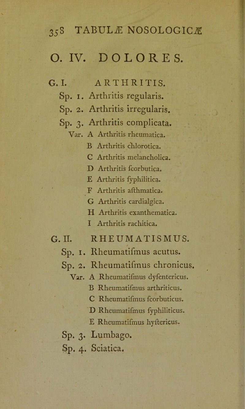 O. IV. DOLORES. G. I. ARTHRITIS. Sp. i. Arthritis regularis. Sp. 2. Arthritis irregularis. Sp. 3. Arthritis complicata. Var. A Arthritis rheumatica. B Arthritis chlorotica. C Arthritis melancholica. D Arthritis fcorbutica. E Arthritis fyphilitica. F Arthritis afthmatica. G Arthritis cardialgica. H Arthritis exanthematica. I Arthritis racliitica. G. II. RHEUMATISMUS. Sp. 1. Rheumatifmus acutus. Sp. 2. Rheumatifmus chronicus. Var. A Rheumatifmus dyfentericus. B Rheumatifmus arthriticus. C Rheumatifmus fcorbuticus. D Rheumatifmus fyphiliticus. E Rheumatifmus hyftericus. Sp. 3. Lumbago.