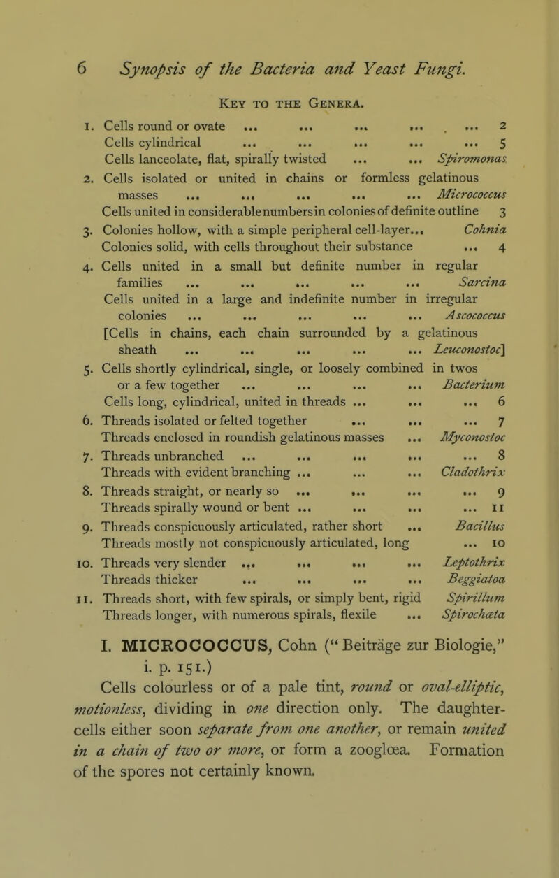 Key to the Genera. 1. Cells round or ovate ... ... ... ... ... 2 Cells cylindrical ... ... ... ... ... $ Cells lanceolate, flat, spirally twisted ... ... Spiromonas 2. Cells isolated or united in chains or formless gelatinous masses ... ... ... ... ... Micrococcus Cells united in considerable numbers in colonies of definite outline 3 3. Colonies hollow, with a simple peripheral cell-layer... Cohnia Colonies solid, with cells throughout their substance ... 4 4. Cells united in a small but definite number in regular families ... ... ... ... ... Sarcina Cells united in a large and indefinite number in irregular colonies ... ... ... ... ... Ascococcus [Cells in chains, each chain surrounded by a gelatinous sheath ... ... ... ... ... Leuconostoc\ 5. Cells shortly cylindrical, single, or loosely combined in twos or a few together ... ... ... ... Bacterium Cells long, cylindrical, united in threads ... ... ... 6 6. Threads isolated or felted together ... ... ... 7 Threads enclosed in roundish gelatinous masses ... Myconostoc 7. Threads unbranched ... ... ... ... ... 8 Threads with evident branching ... ... ... Cladothrix 8. Threads straight, or nearly so ... ... ... ... 9 Threads spirally wound or bent ... ... ... ... II 9. Threads conspicuously articulated, rather short ... Bacillus Threads mostly not conspicuously articulated, long ... 10 10. Threads very slender ... ... ... ... Leptothrix Threads thicker ... ... ... ... Beggiatoa 11. Threads short, with few spirals, or simply bent, rigid Spirillum Threads longer, with numerous spirals, flexile ... Spirochcsia I. MICROCOCCUS, Cohn (Beitriige zur Biologic, i. p. 151.) Cells colourless or of a pale tint, round or oval-elliptic, motionless, dividing in one direction only. The daughter- cells either soon separate from one another, or remain united in a chain of two or niore, or form a zoogloea. Formation of the spores not certainly known.